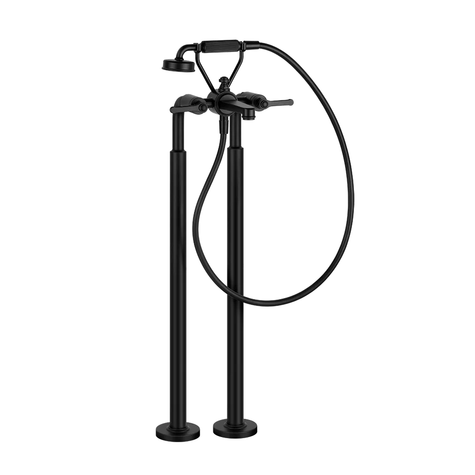 Gessi Venti20 Freestanding Bath Shower Mixer in matt black finish, supplied by Deluxe Bathrooms.