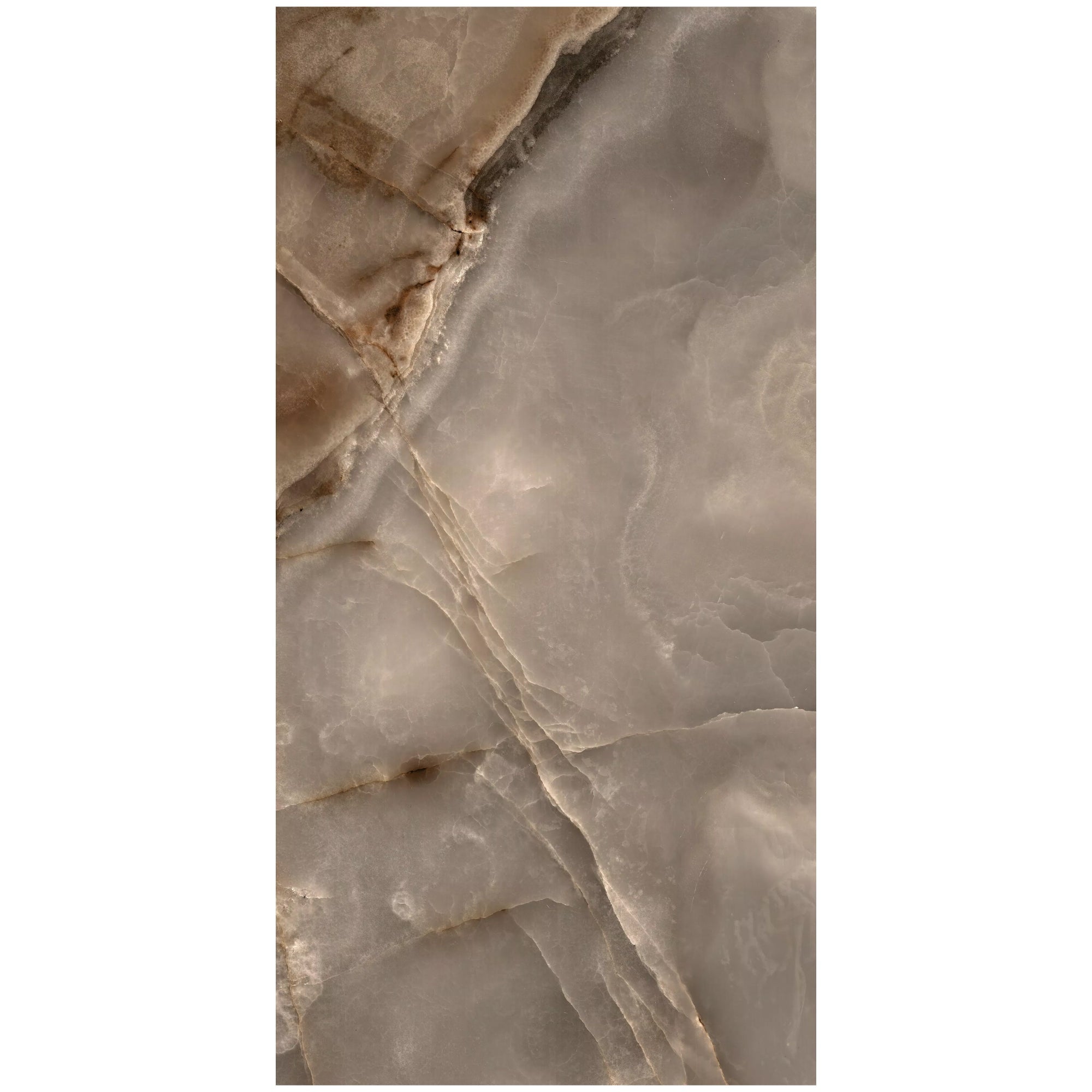 Sample of the Rêves Choco Onyx-effect porcelain tile , supplied by Deluxe Bathrooms.