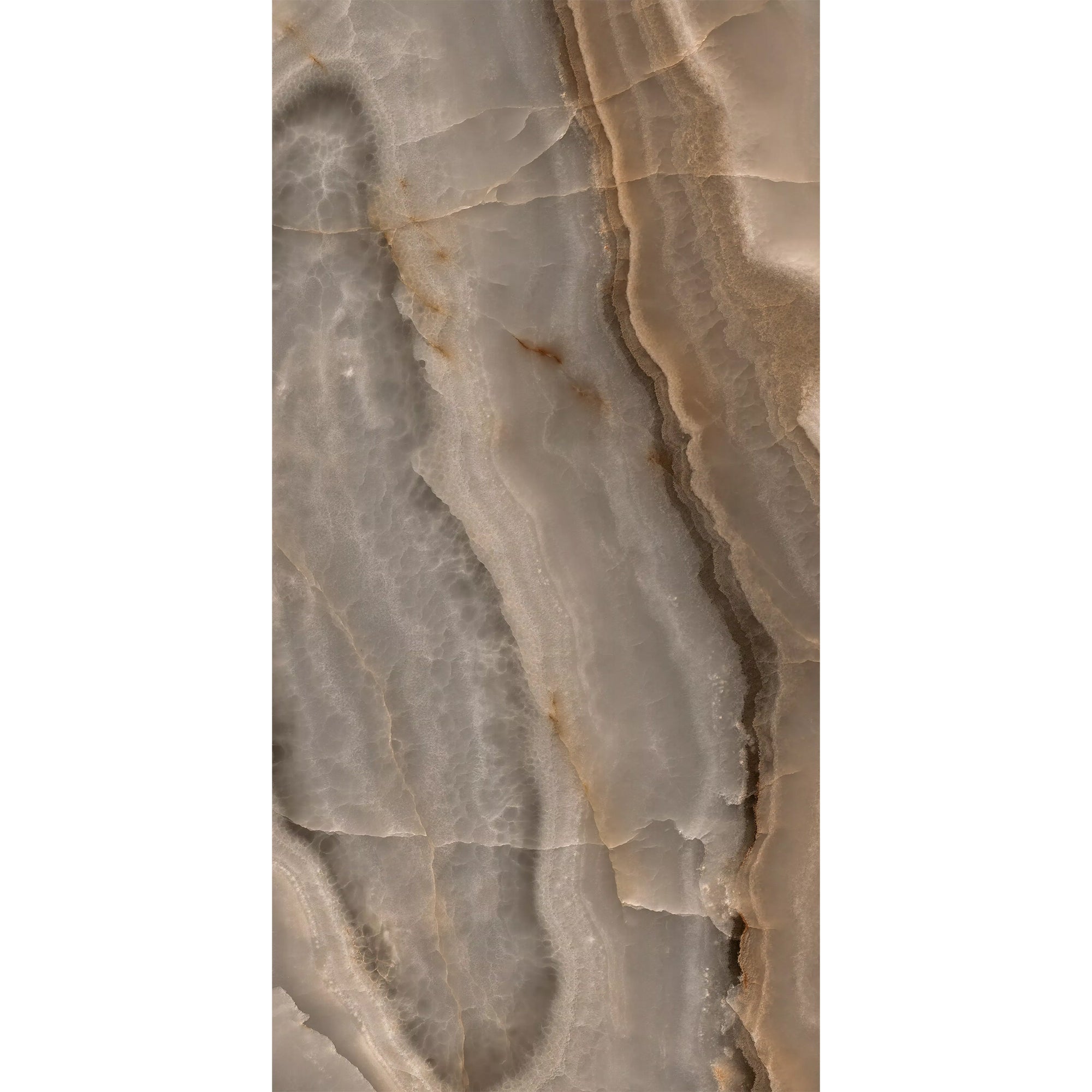 Sample of the Rêves Choco Onyx-effect porcelain tile, supplied by Deluxe Bathrooms.