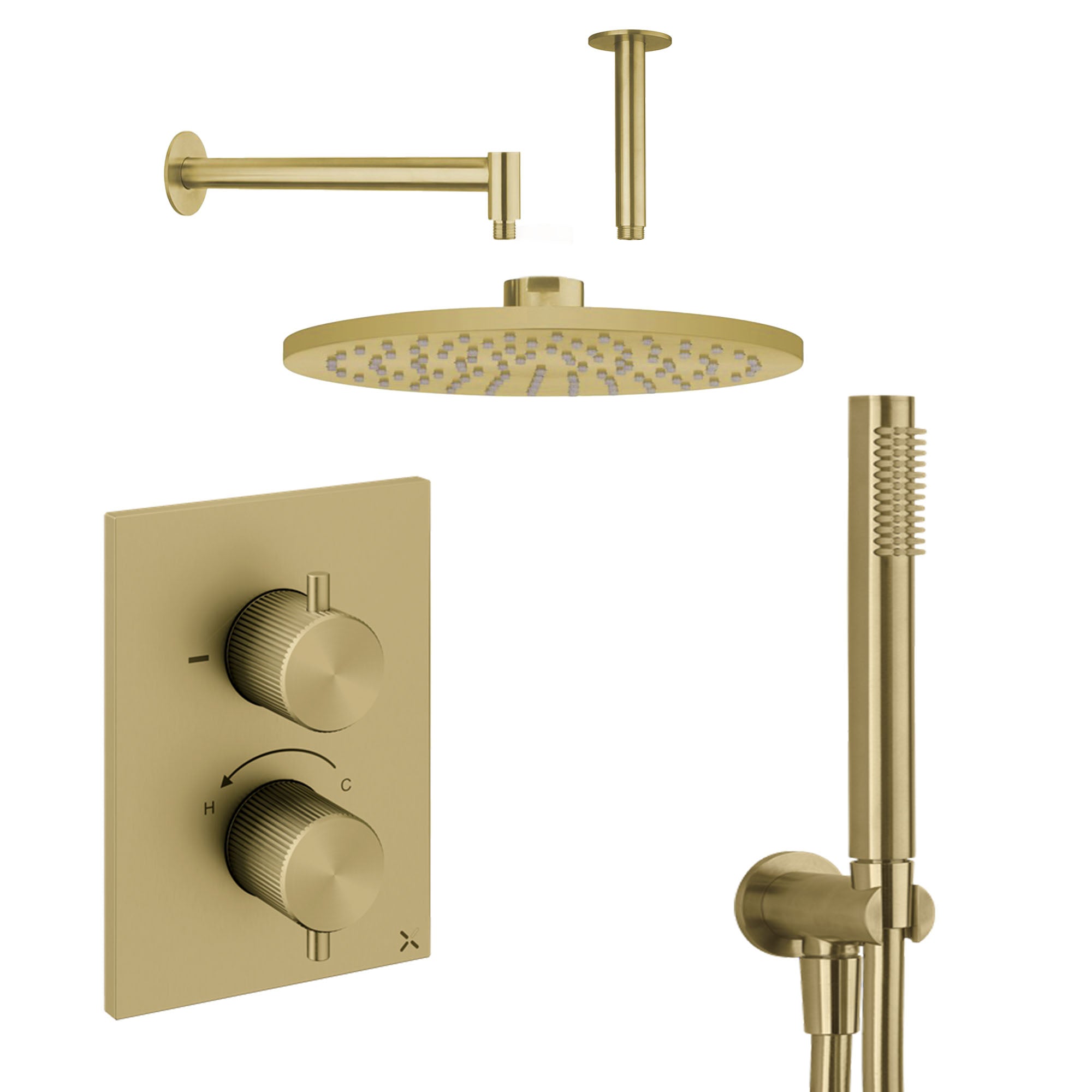 Crosswater 3ONE6 Dual Outlet Thermostatic Shower Valve With Pencil-Handset and Fixed Overhead Brushed Brass
