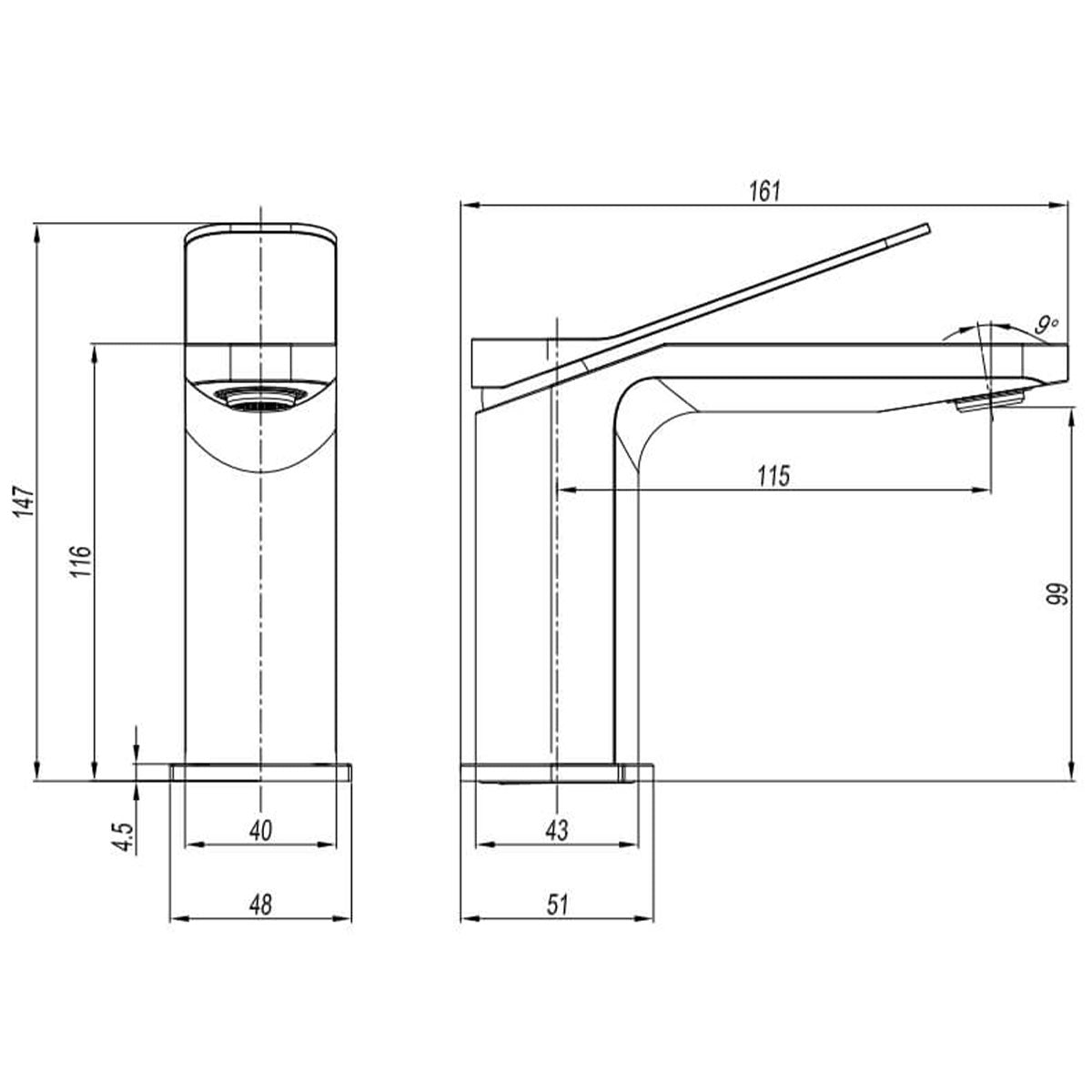 Crosswater Glide II Basin Mixer Tap dimensions