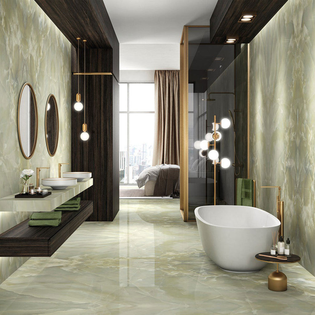 Deluxe Onyx Green Marble Effect Porcelain Tile 60x120cm Gloss | Deluxe ...