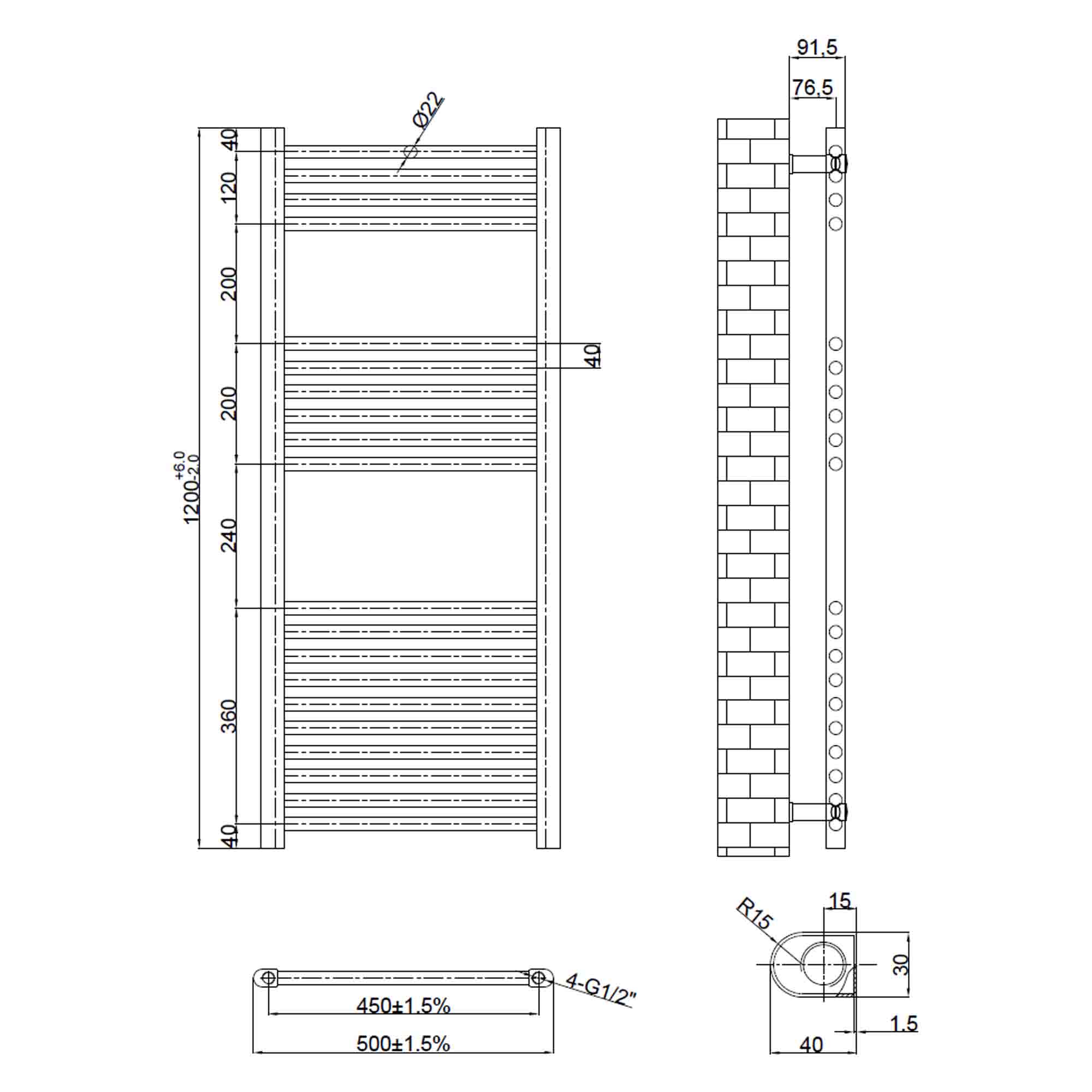 Ebro 1200 Straight Ladder Heated Towel Rail - Gun Metal