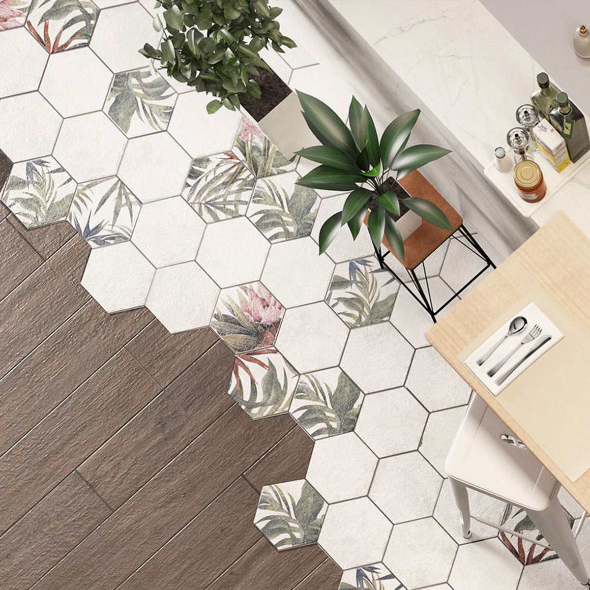 Fiori Blanco Hexagonal Porcelain Tile Matt Feature
