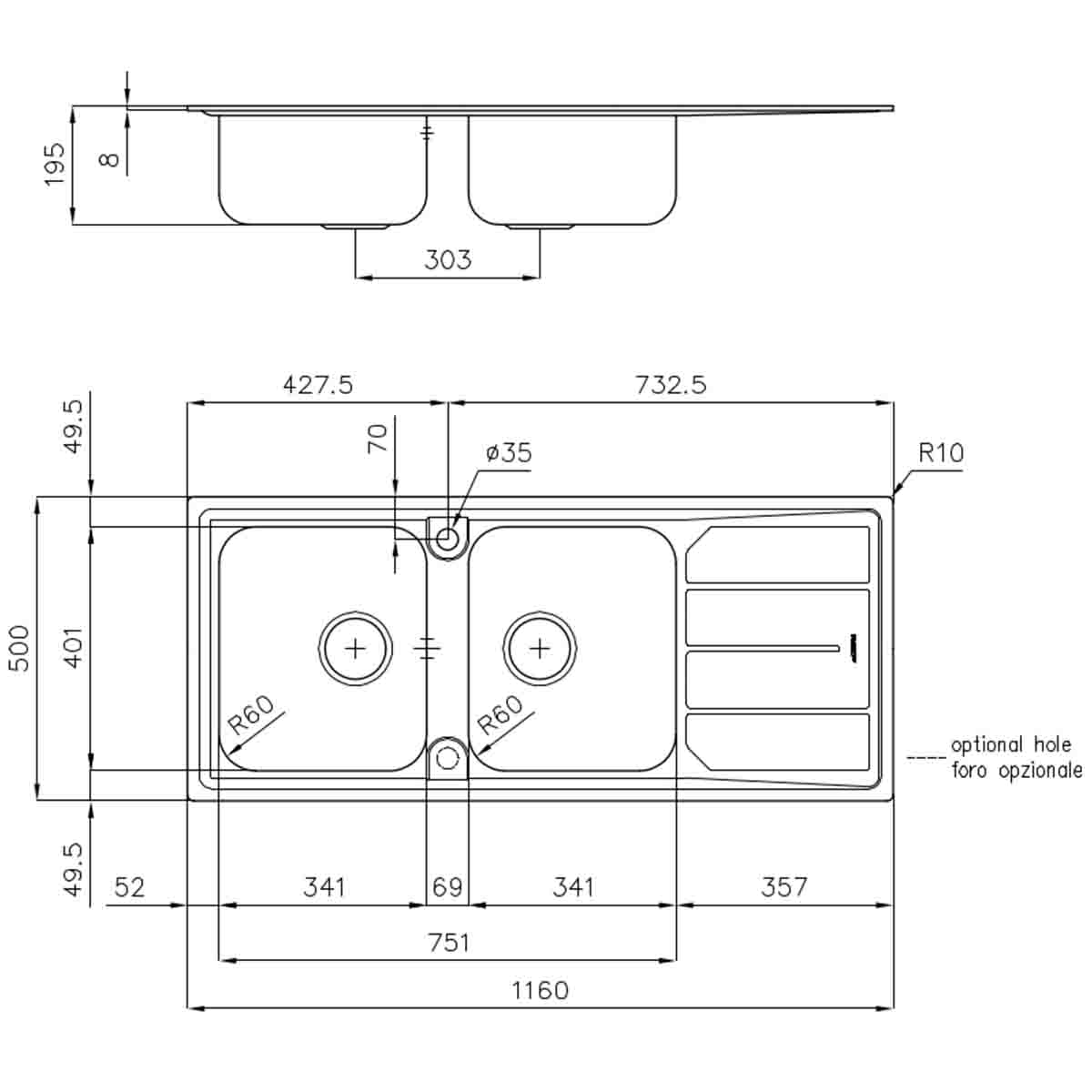 Foster Elettra Double Kitchen Sink with Drainer 1160x500mm Dimensions