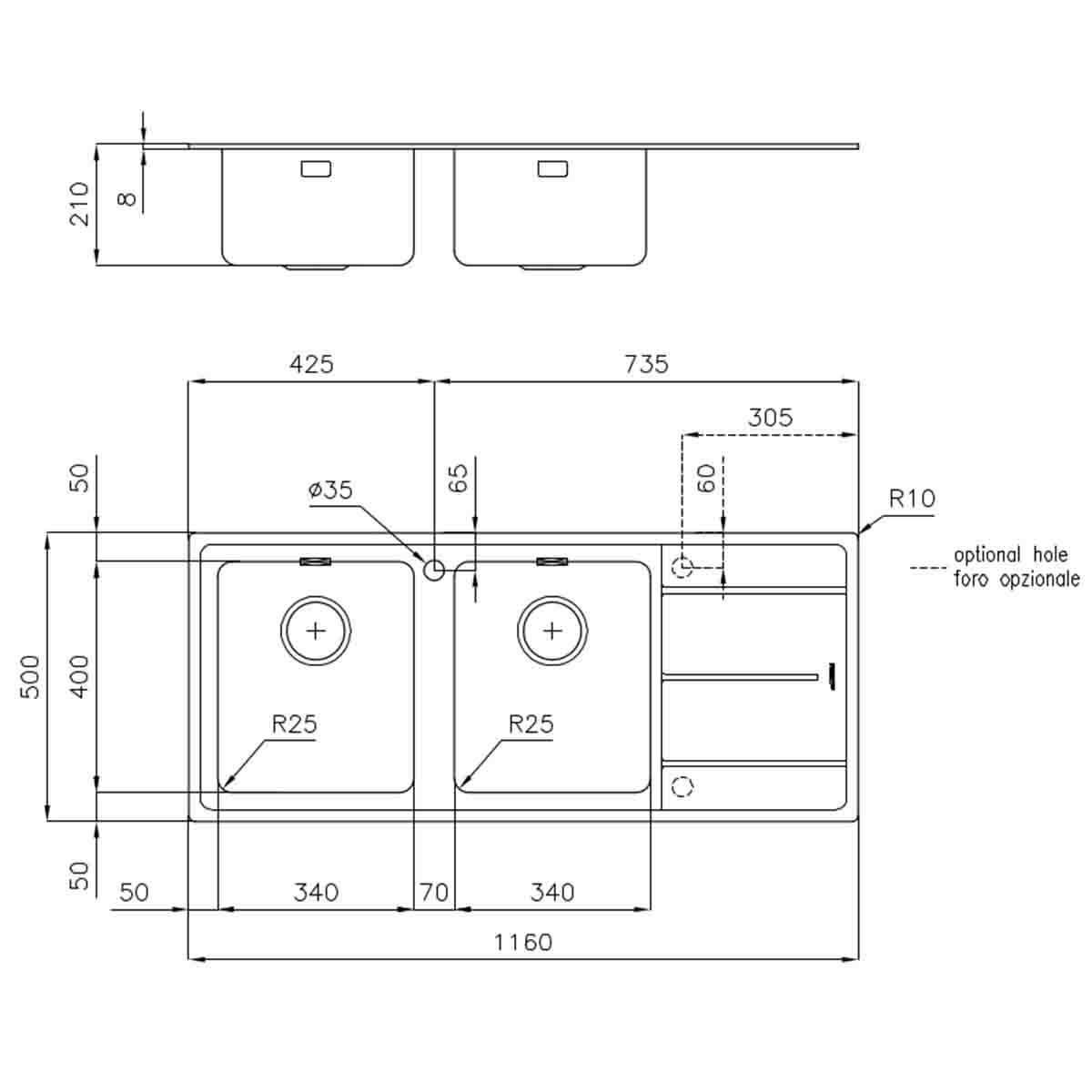 Foster Evo Double Bowl Kitchen Sink with Draining Board Right Handed 1160x500mm Dimensions