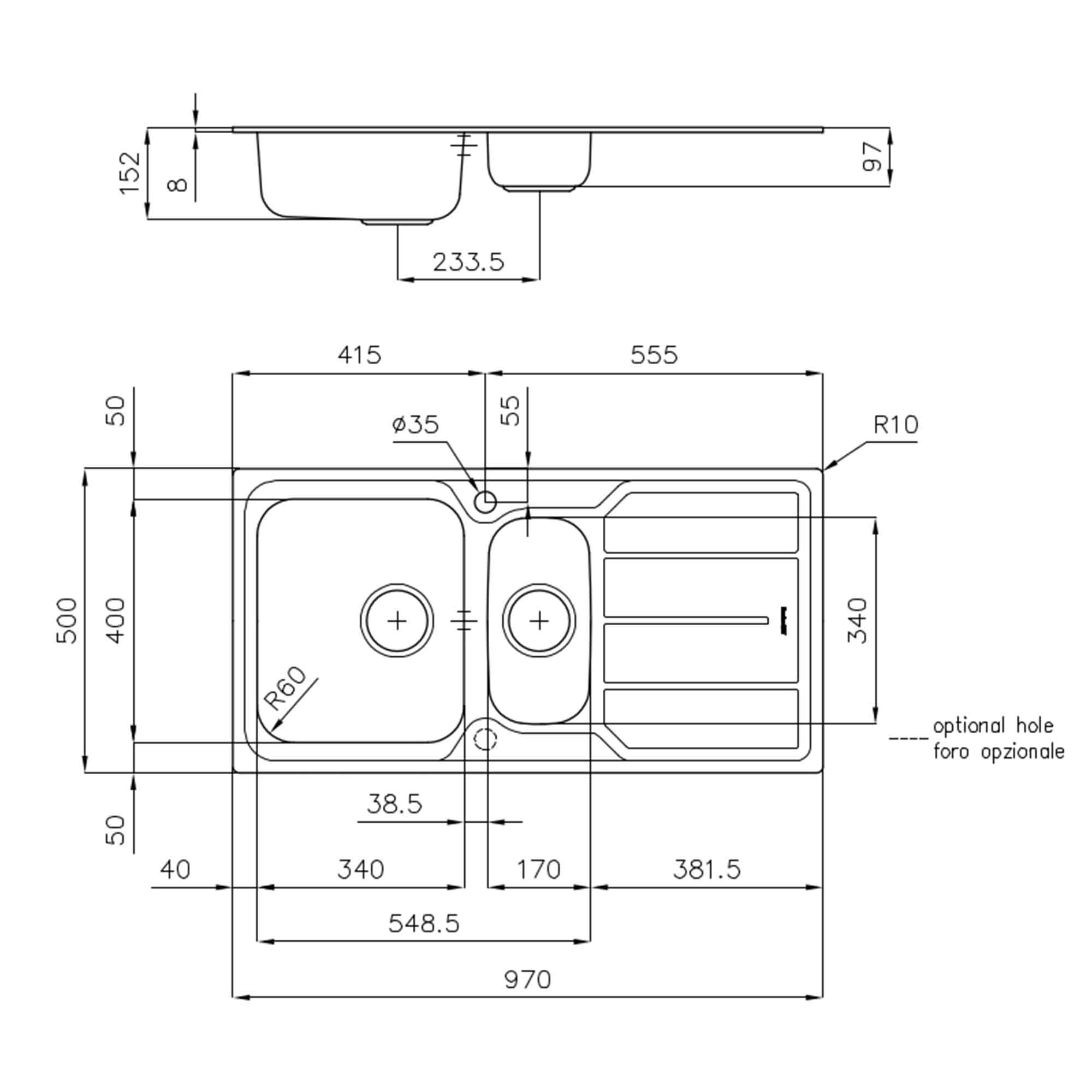 Foster S1000 Single Bowl Kitchen Sink with Drainer Bowl Right Handed 970x500mm Dimensions