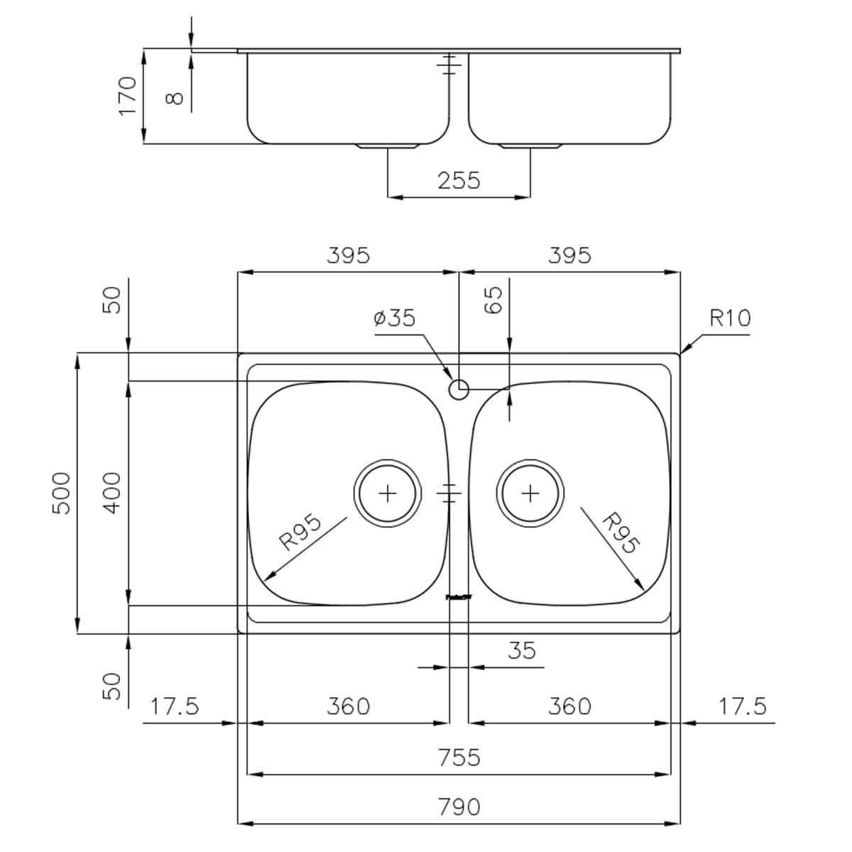 Foster S1000 Double Bowl Kitchen Sink  790x500mm Dimensions