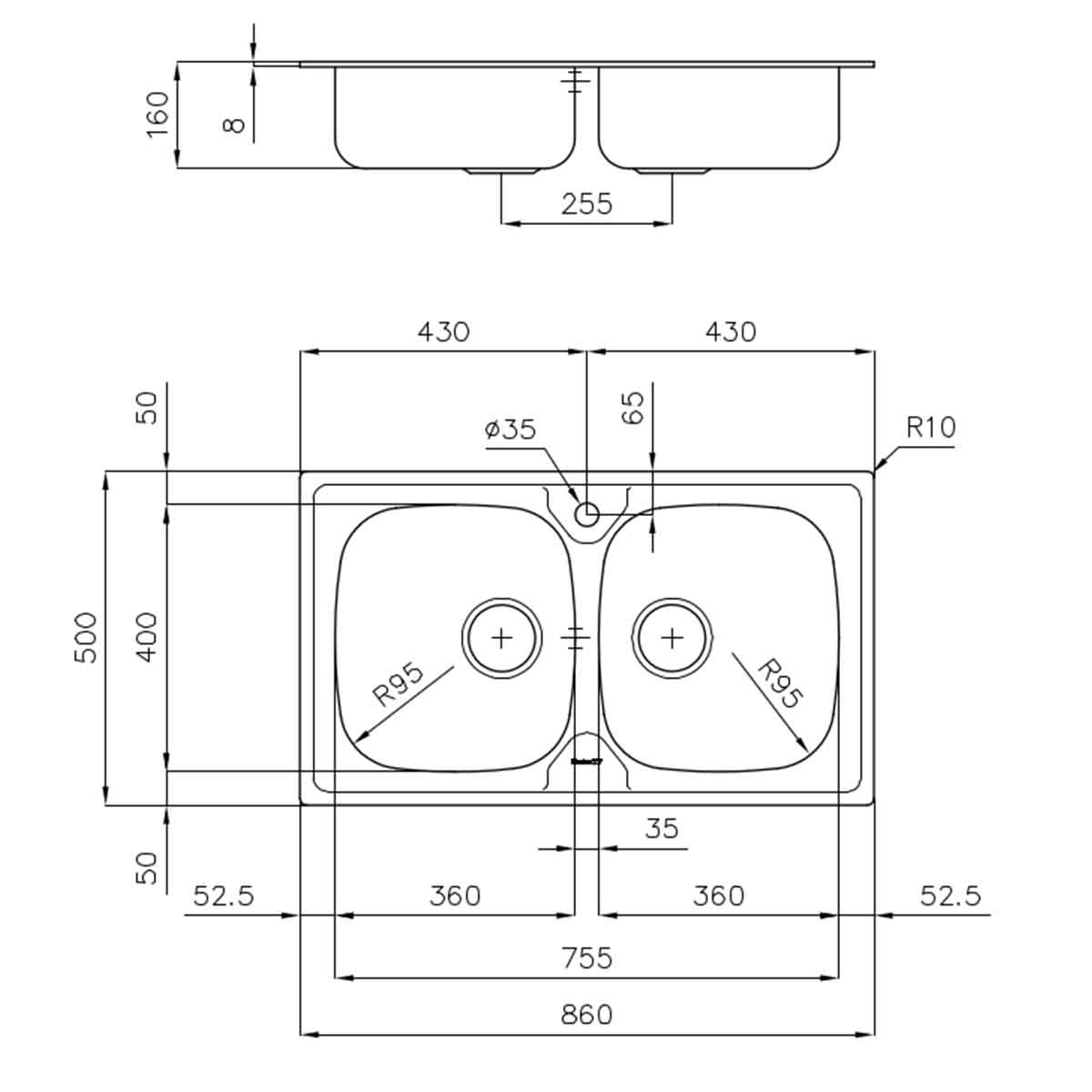 Foster S1000 Double Bowl Kitchen Sink 860x500mm Dimensions