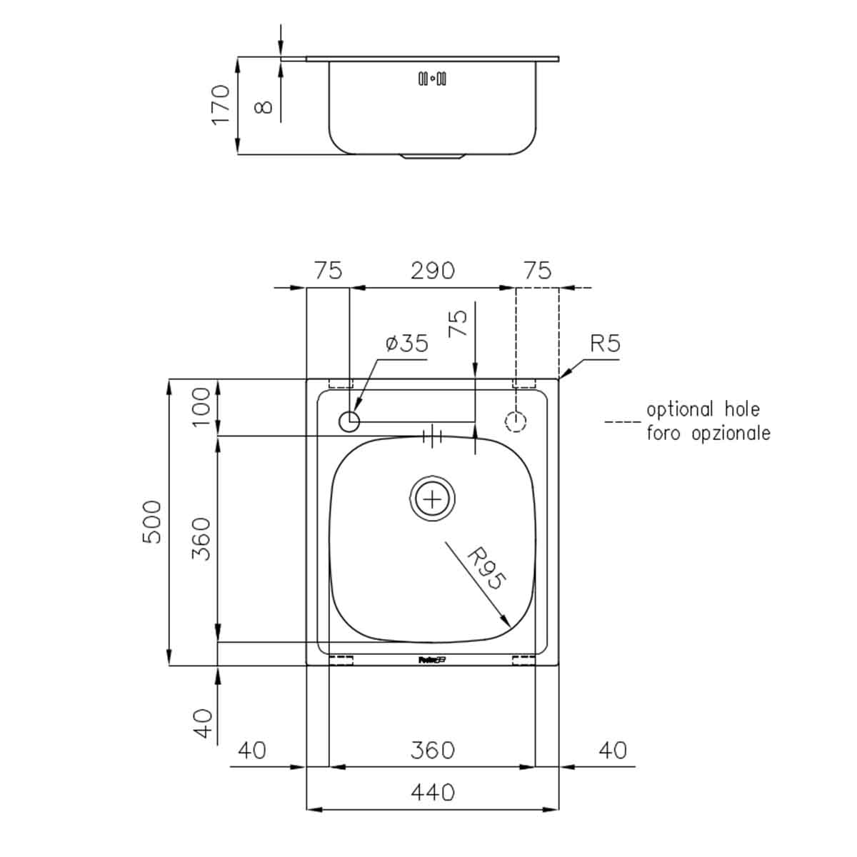 Foster S1000 Kitchen Sink 440x500mm Dimensions