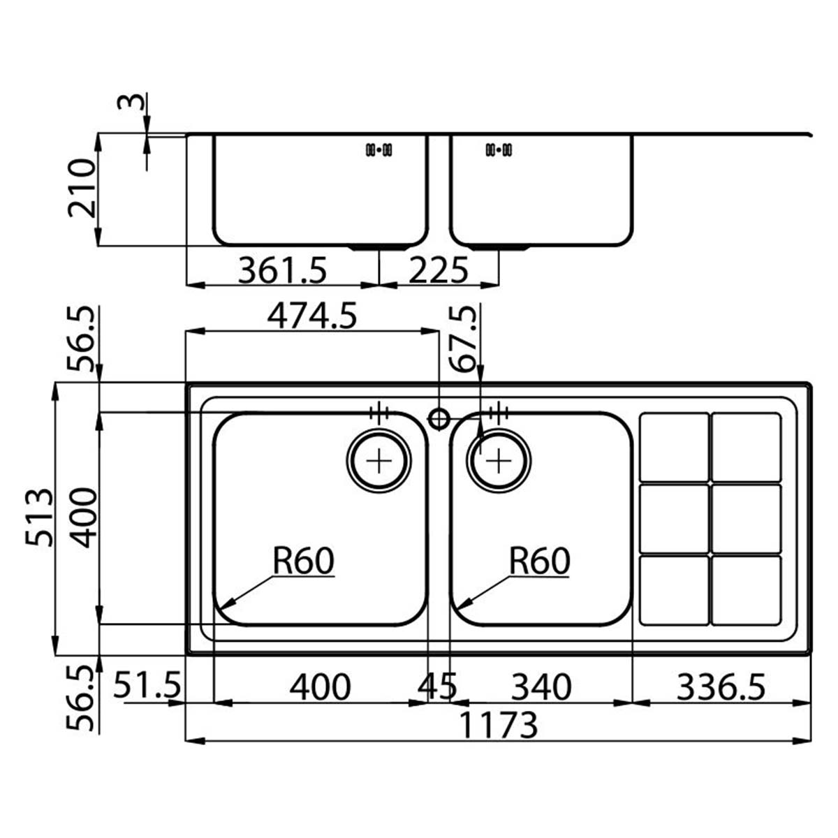 Foster S3000 Double Kitchen Sink with Drainer 1173x513 Dimensions