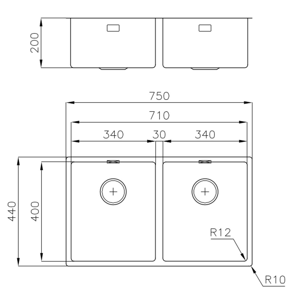 Foster S4001 Double Kitchen Sink Brushed Stainless Steel 750x440mm Dimensions