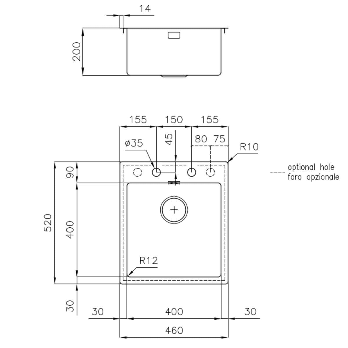 Foster S4001 Filotop Kitchen Sink 400x400mm Dimensions