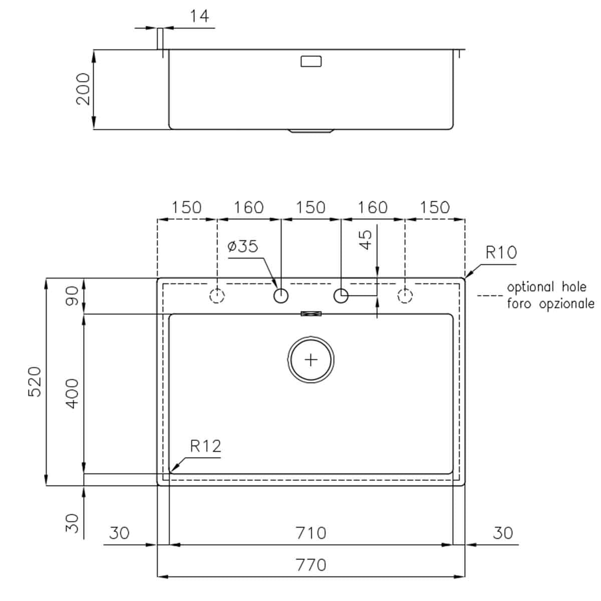 Foster S4001 Filotop Kitchen Sink 770x520mm Dimensions