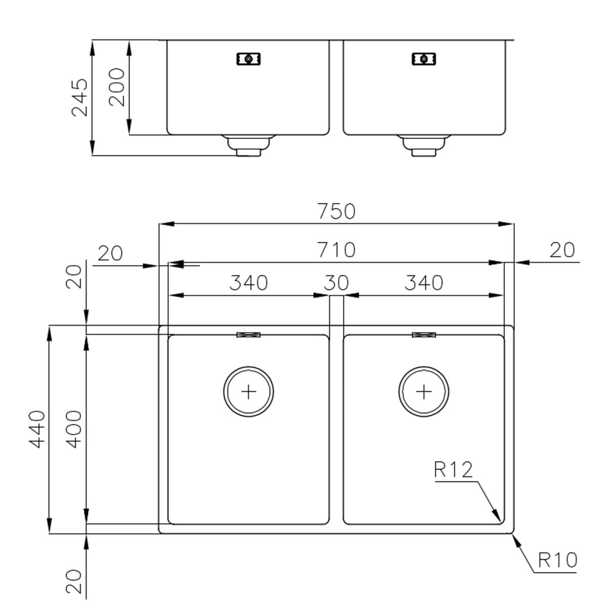 Foster Skin Double Kitchen Sink 750mm Dimensions