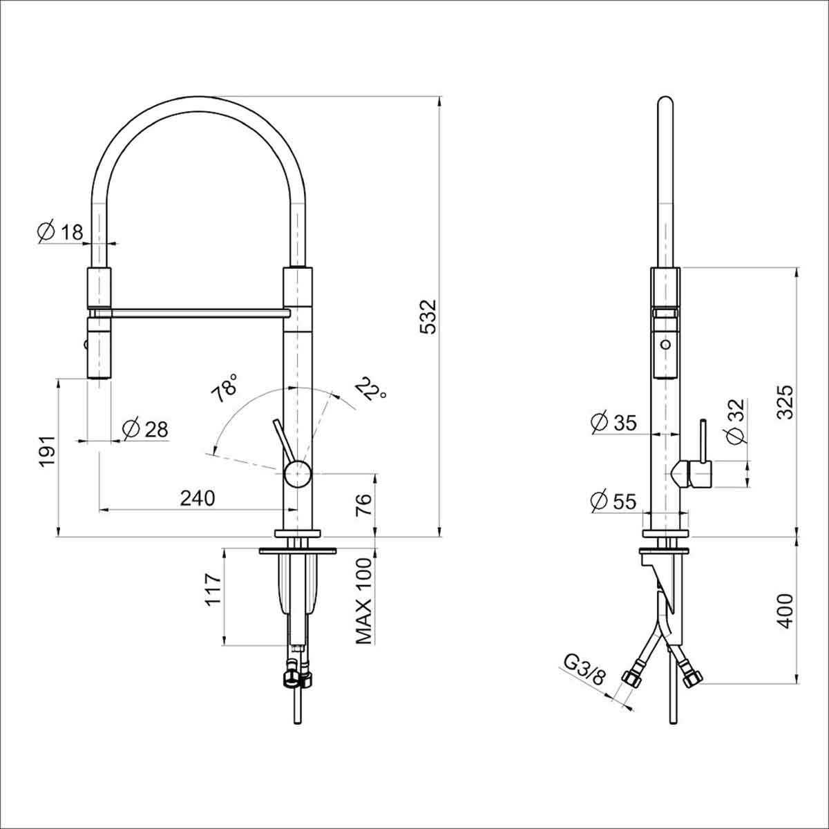 Foster tube single lever kitchen tap dimensions