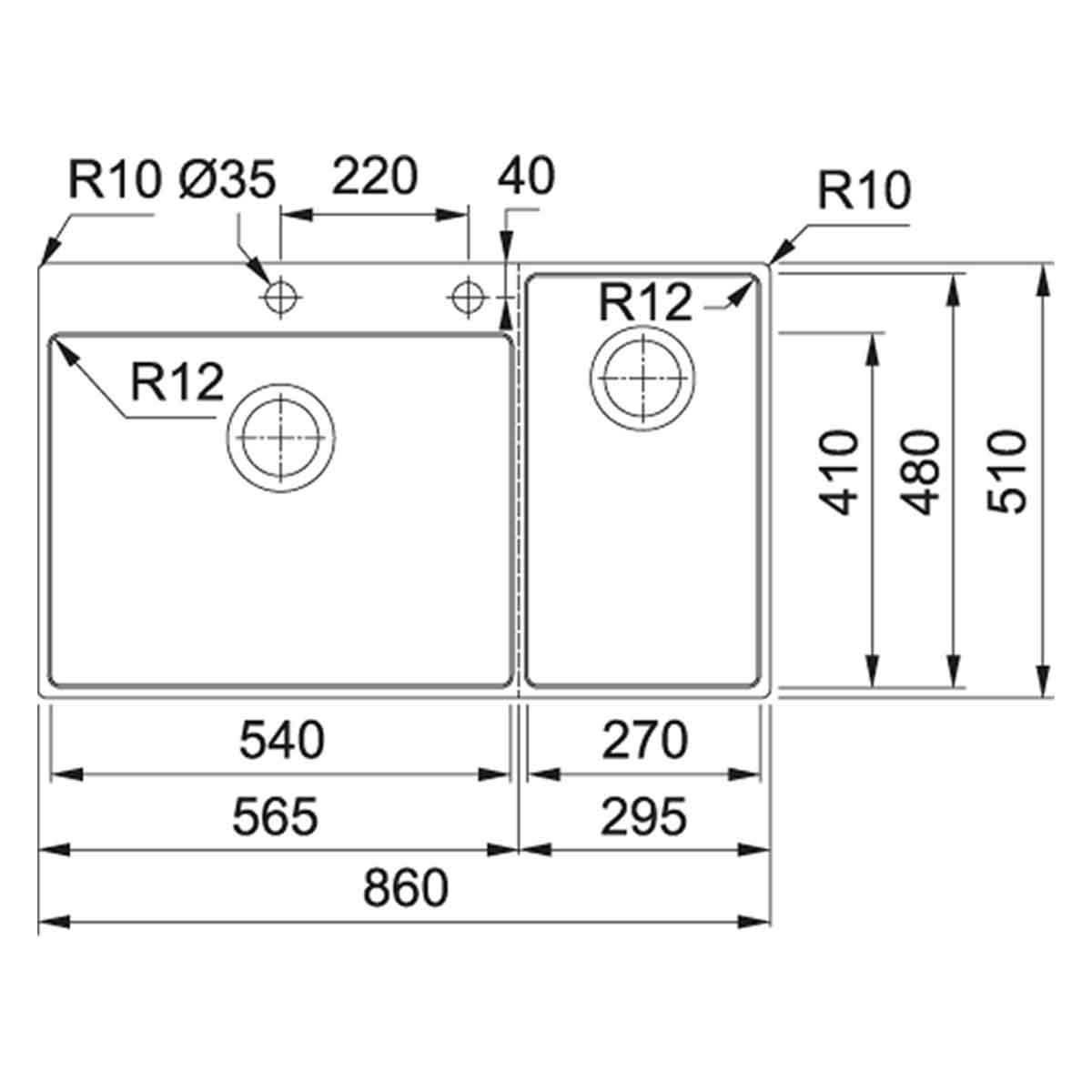 Franke Box Center double bowl top mounted kitchen sink drainboard matt stainless steel 860x510mm dimensions