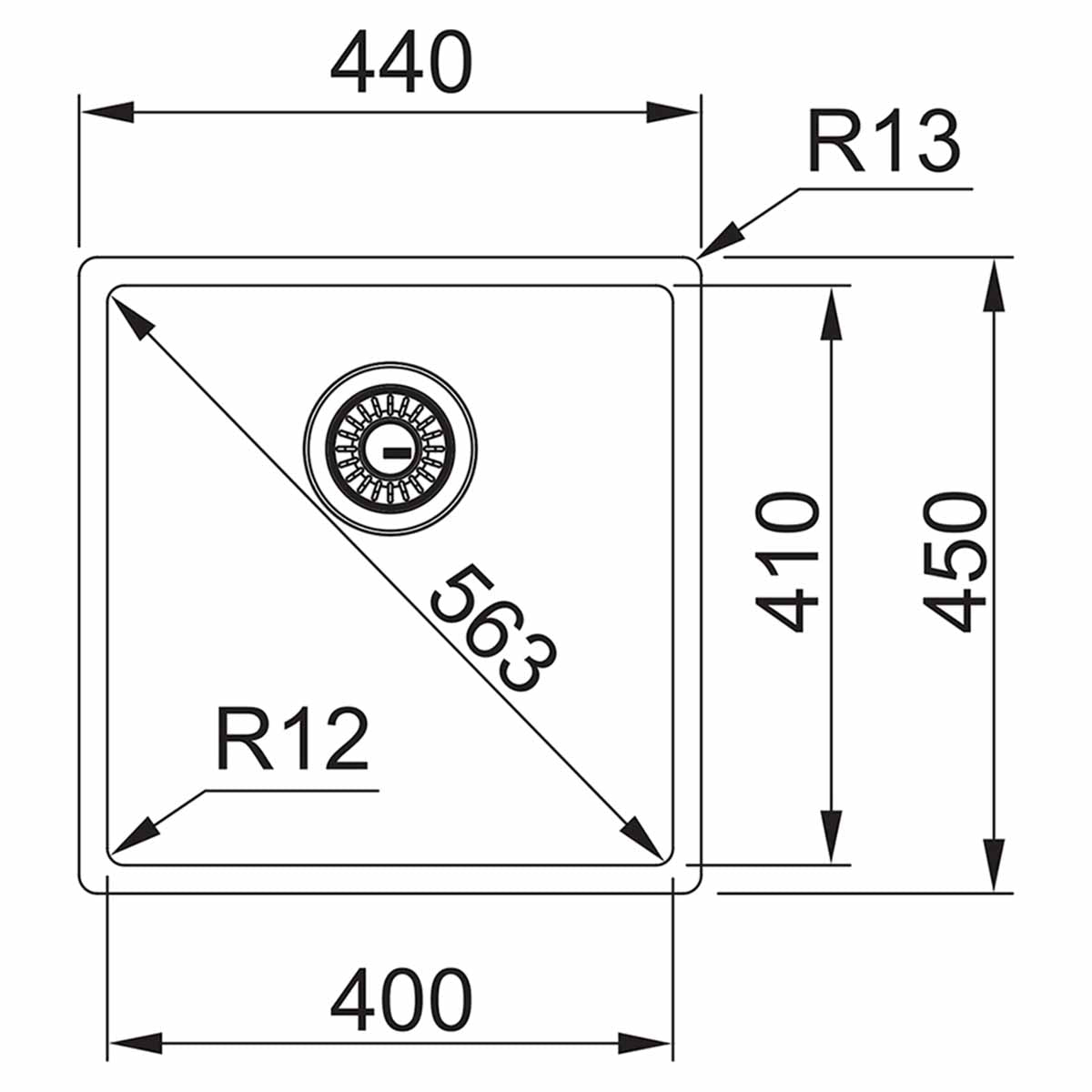 Franke Box Single Bowl Under and Top Mounted Kitchen Sink 440x450mm Brushed Stainless Steel dimensions