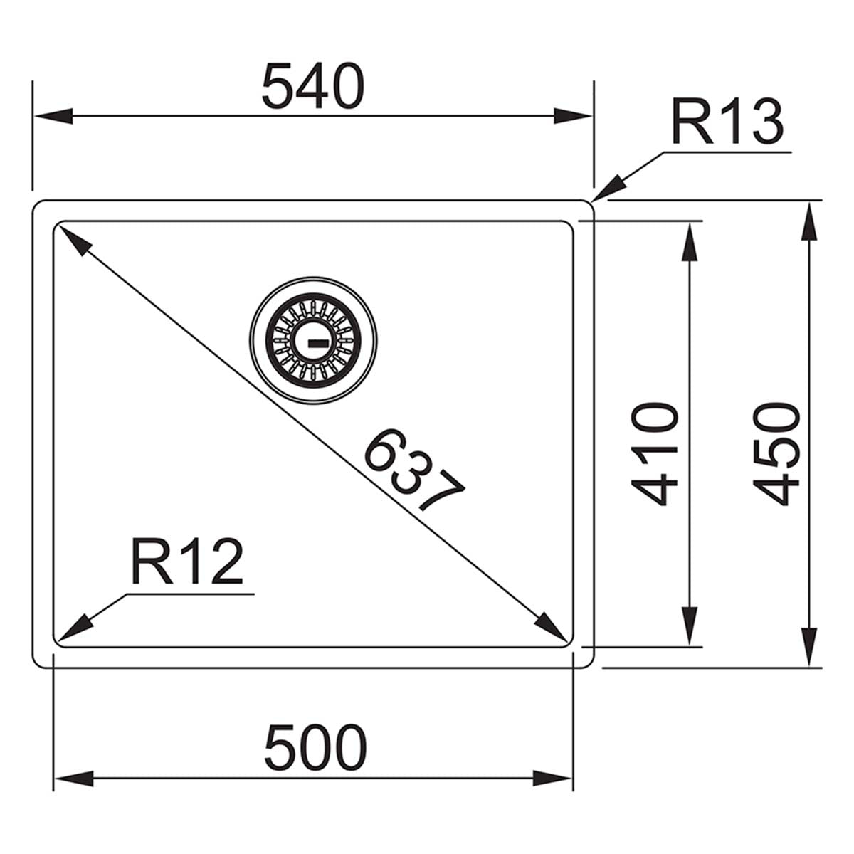 Franke Box Single Bowl Under and Top Mounted Kitchen Sink 540x450mm Brushed Stainless Steel dimensions