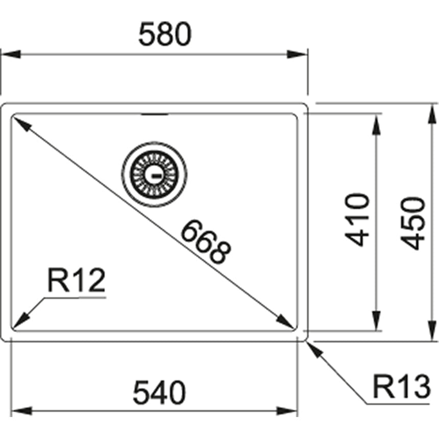 Franke Box Single Bowl Under and Top Mounted Kitchen Sink 725x450mm Brushed Stainless Steel dimensions