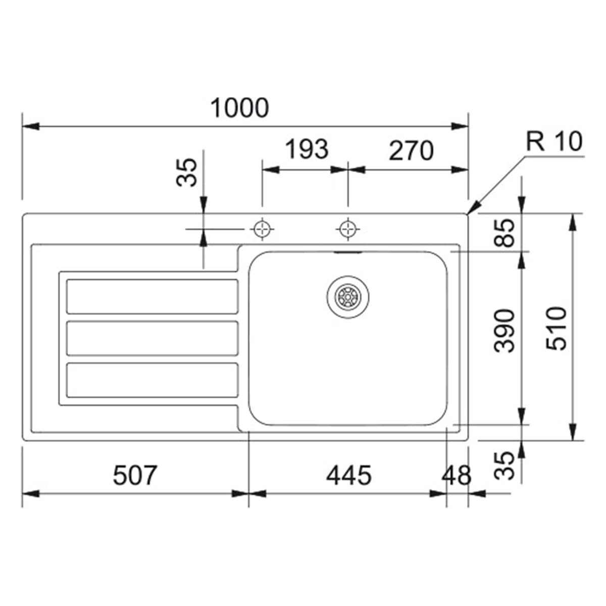 Franke Epos top mounted kitchen sink drainboard RH 1000x510mm Dimensions