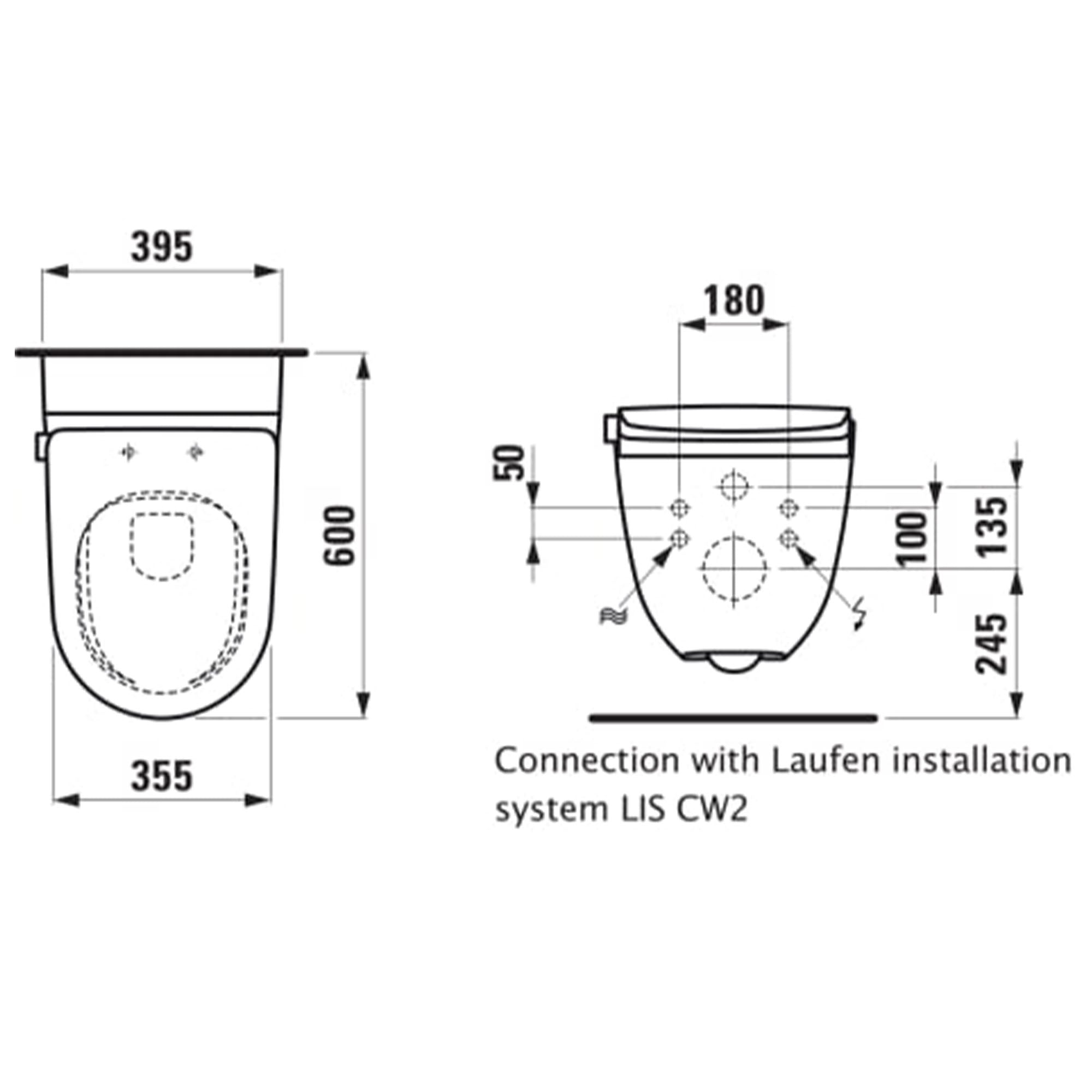 Laufen Cleanet Riva Rimless Wall Hung WC Pan Matt Black Dimensions