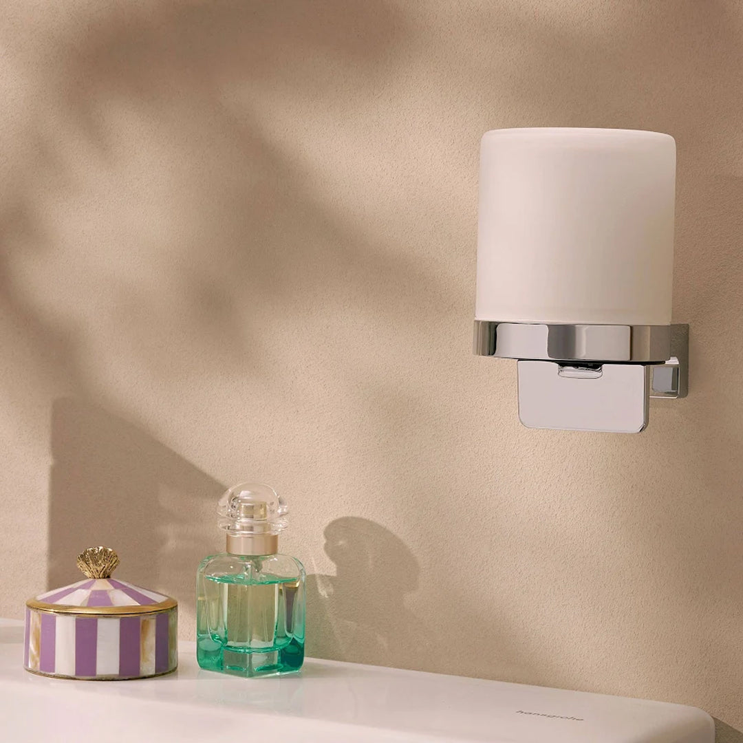 Lifestyle image of the Hansgrohe AddStoris S Liquid Soap Dispenser in Chrome.