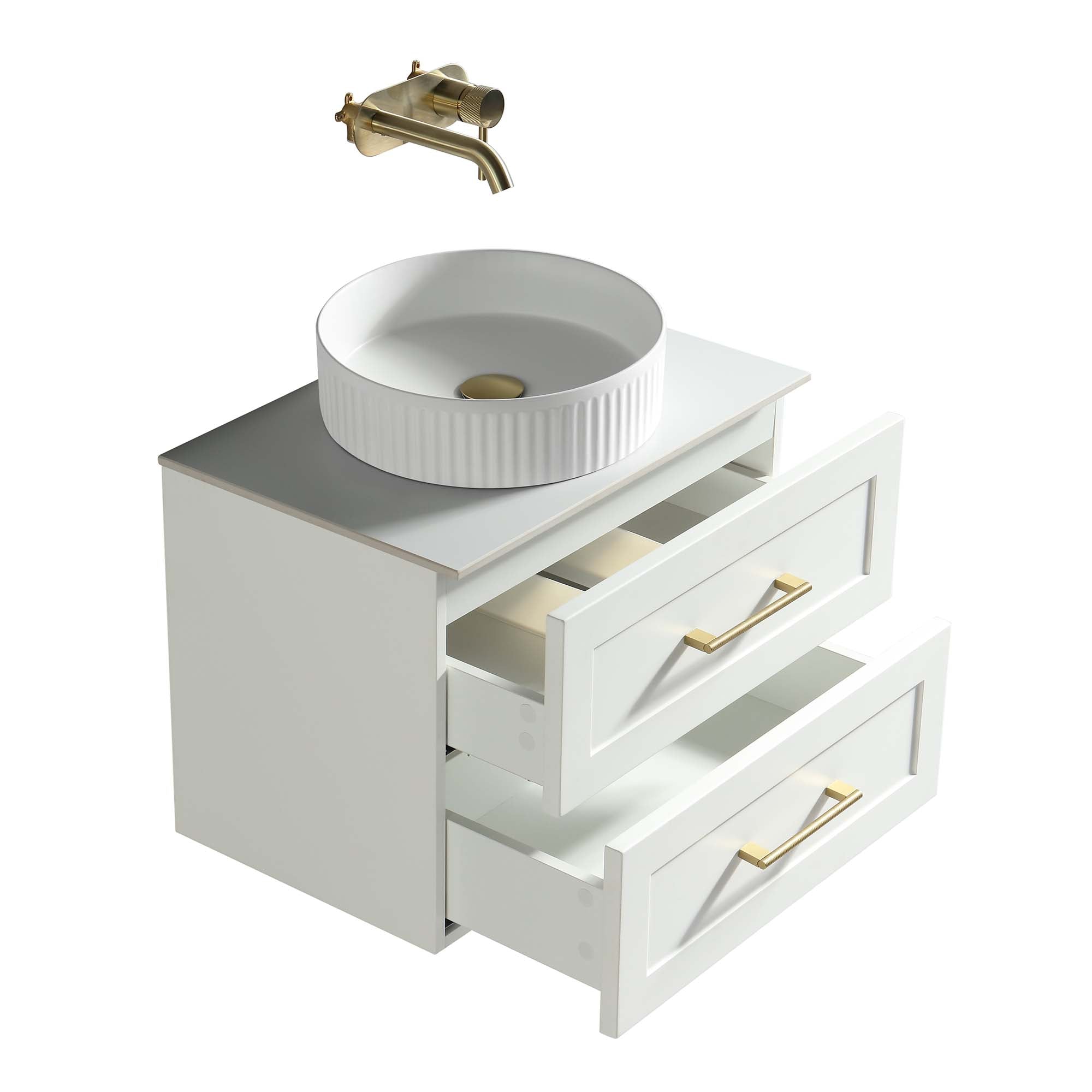 alton 600 wall mounted 2 drawer vanity unit with sintered stone worktop silk white