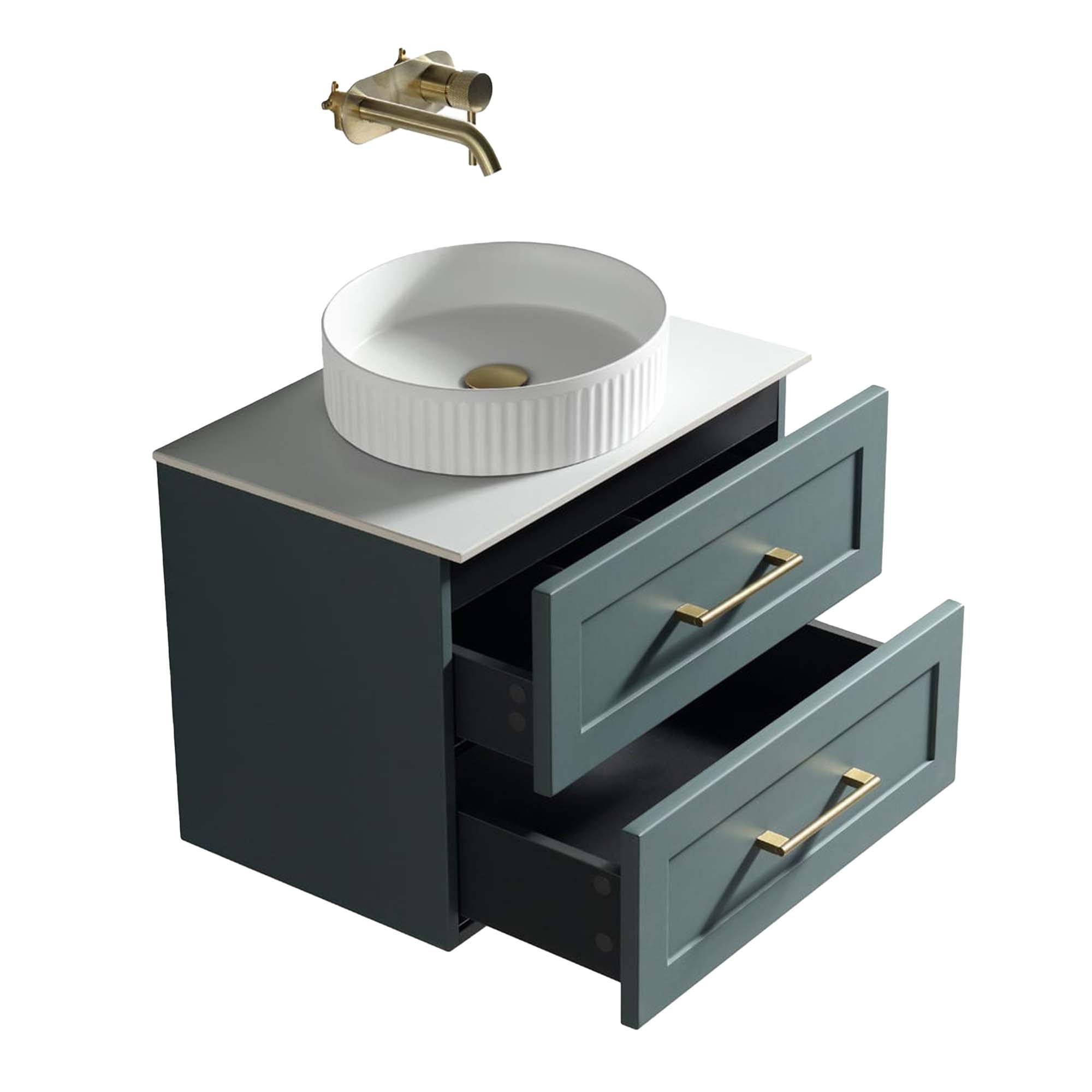 alton 600 wall mounted 2 drawer vanity unit with sintered stone worktop smoked sage