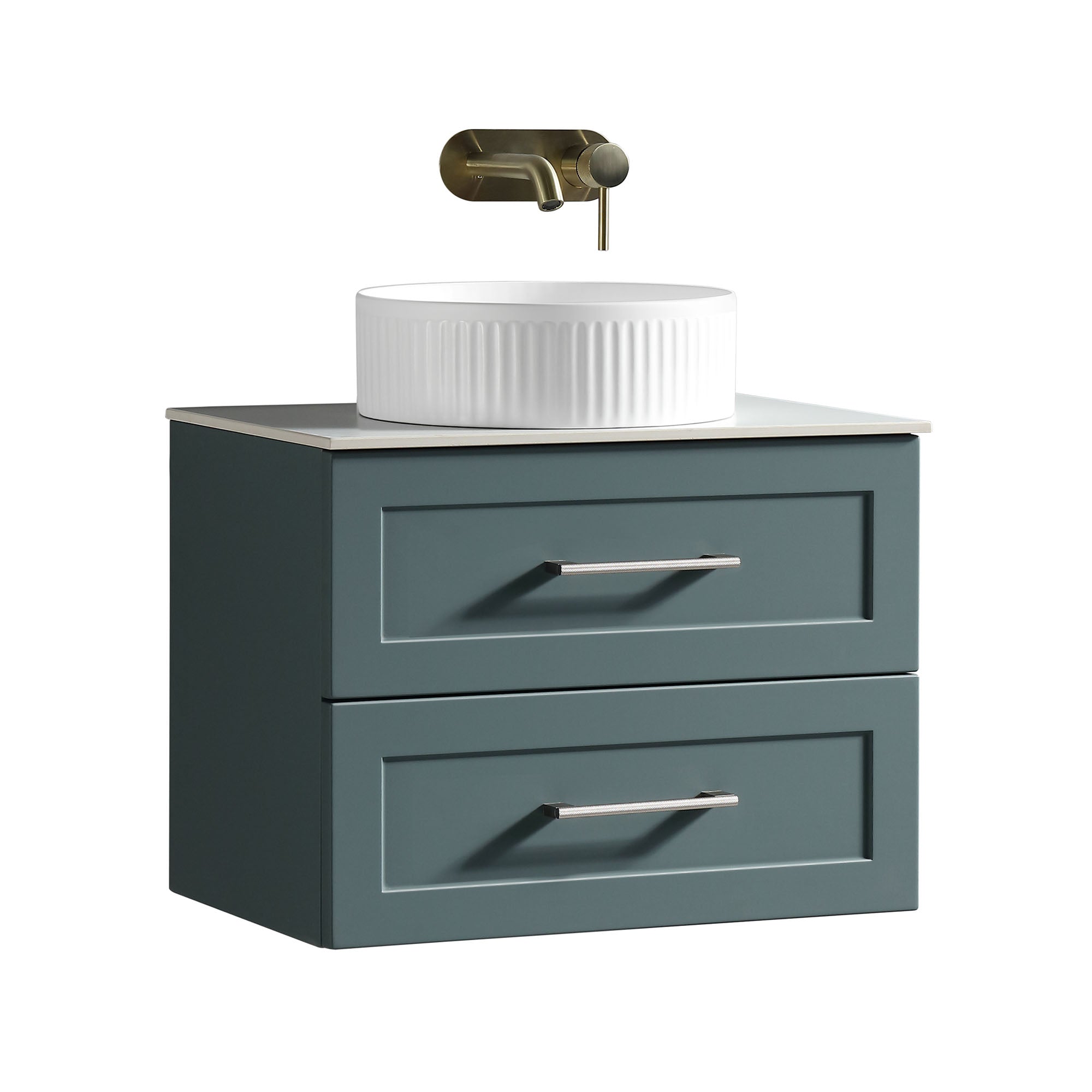 alton 600 wall mounted 2 drawer vanity unit with sintered stone worktop smoked sage