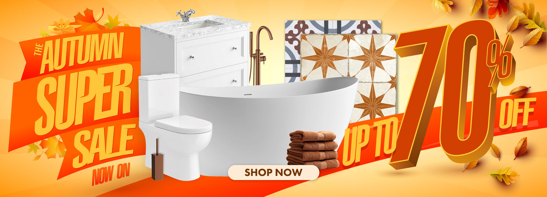 Bathroom furniture set with 'Autumn Super Sale' text and 70% off discount offer at Deluxe Bathrooms