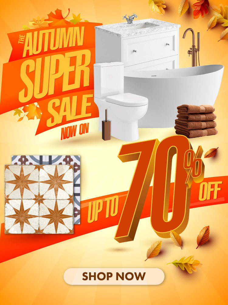 Bathroom furniture set with 'Autumn Super Sale' text and 70% off discount offer at Deluxe Bathrooms