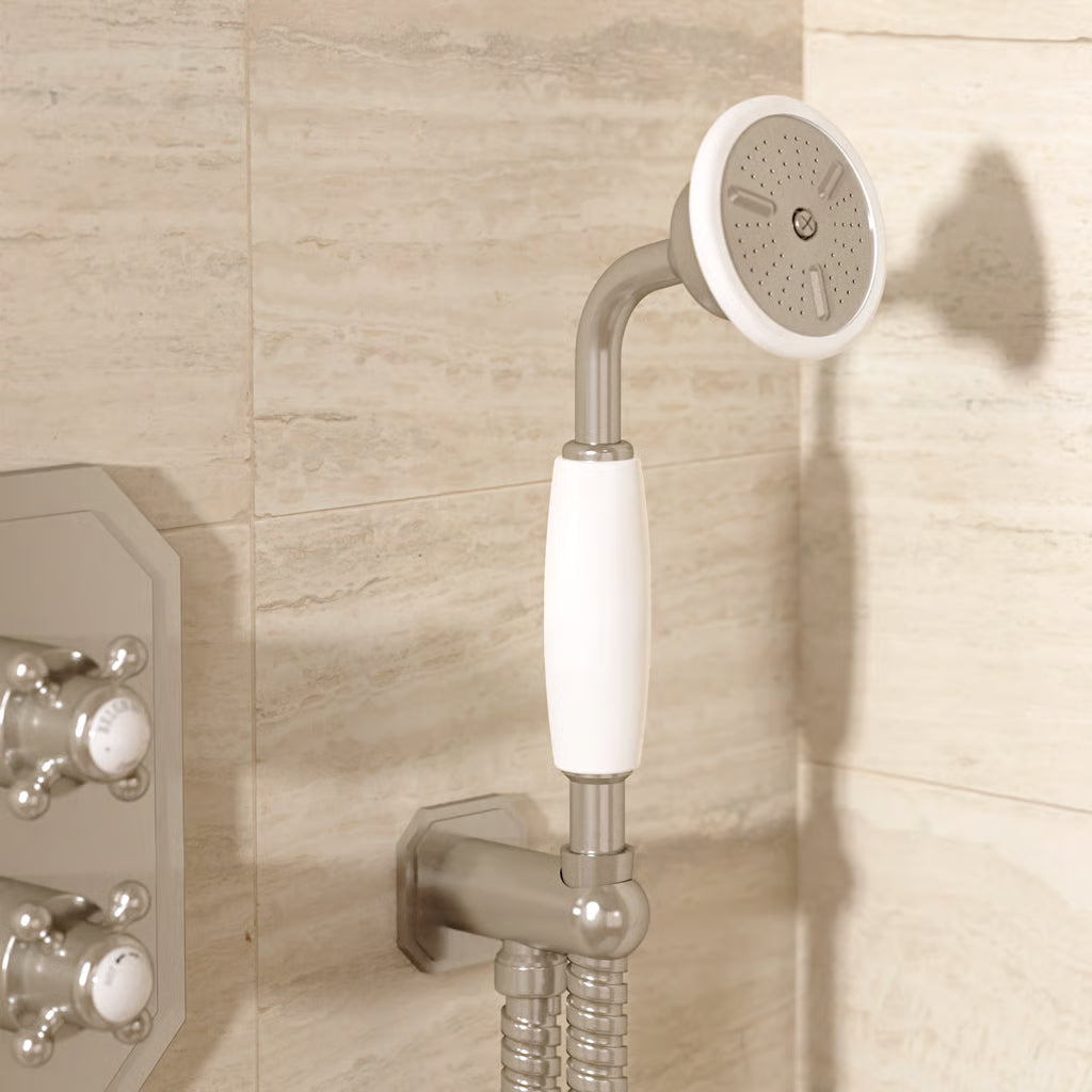 Belgravia wall-mounted shower handset in brushed nickel, supplied by Deluxe Bathrooms Ireland.
