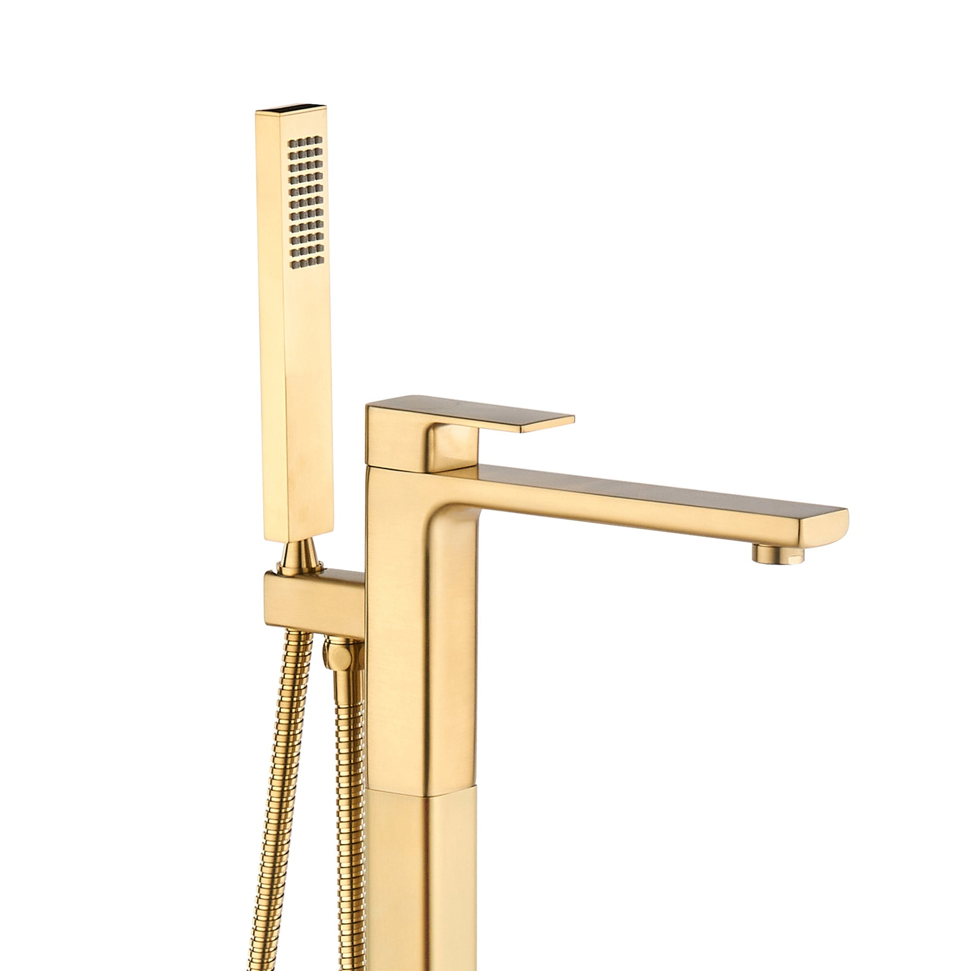 brisbane square single lever floorstanding bath shower mixer close up brushed brass