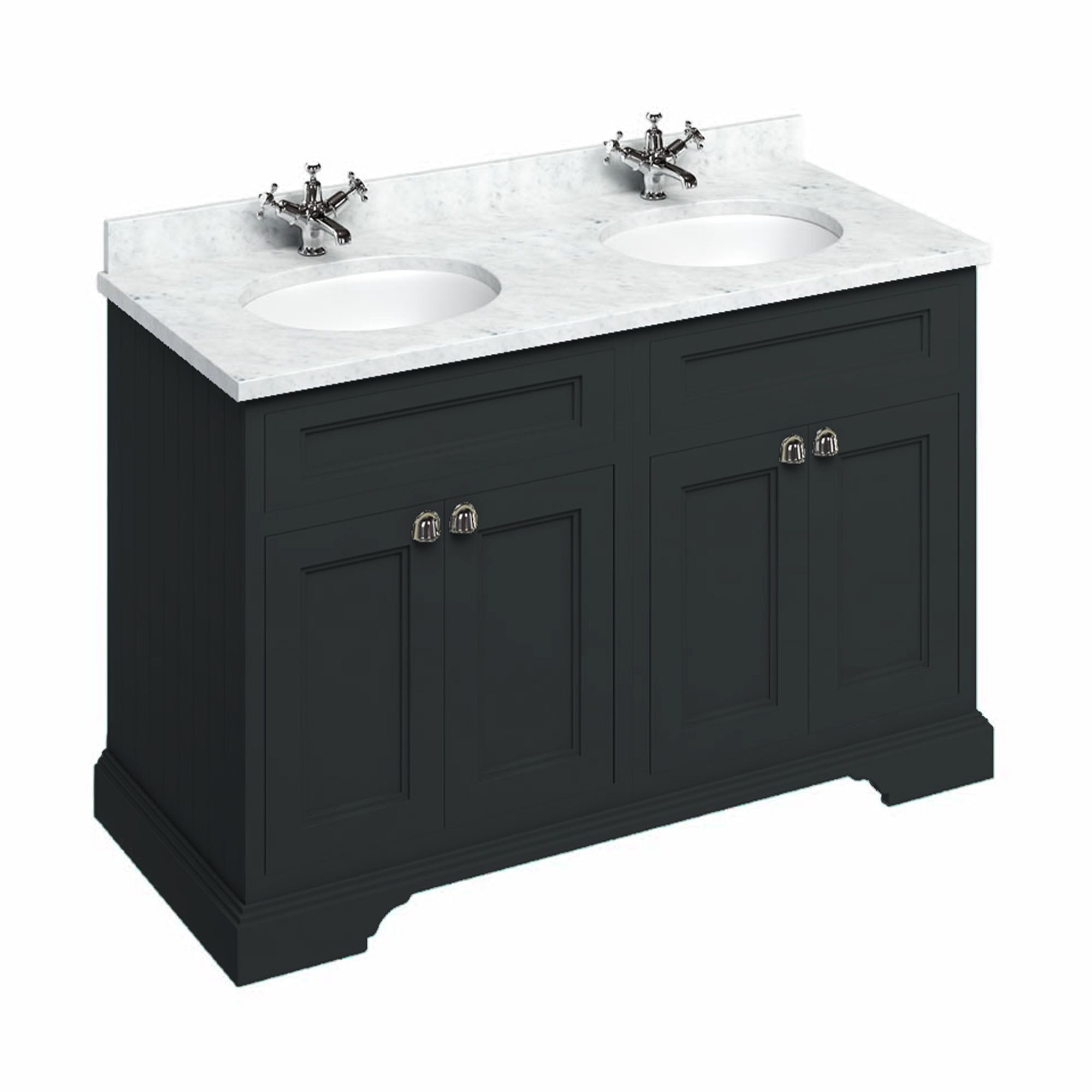 burlington 1300 freestanding 4 door vanity unit with carrara marble worktop and double bowl matt black