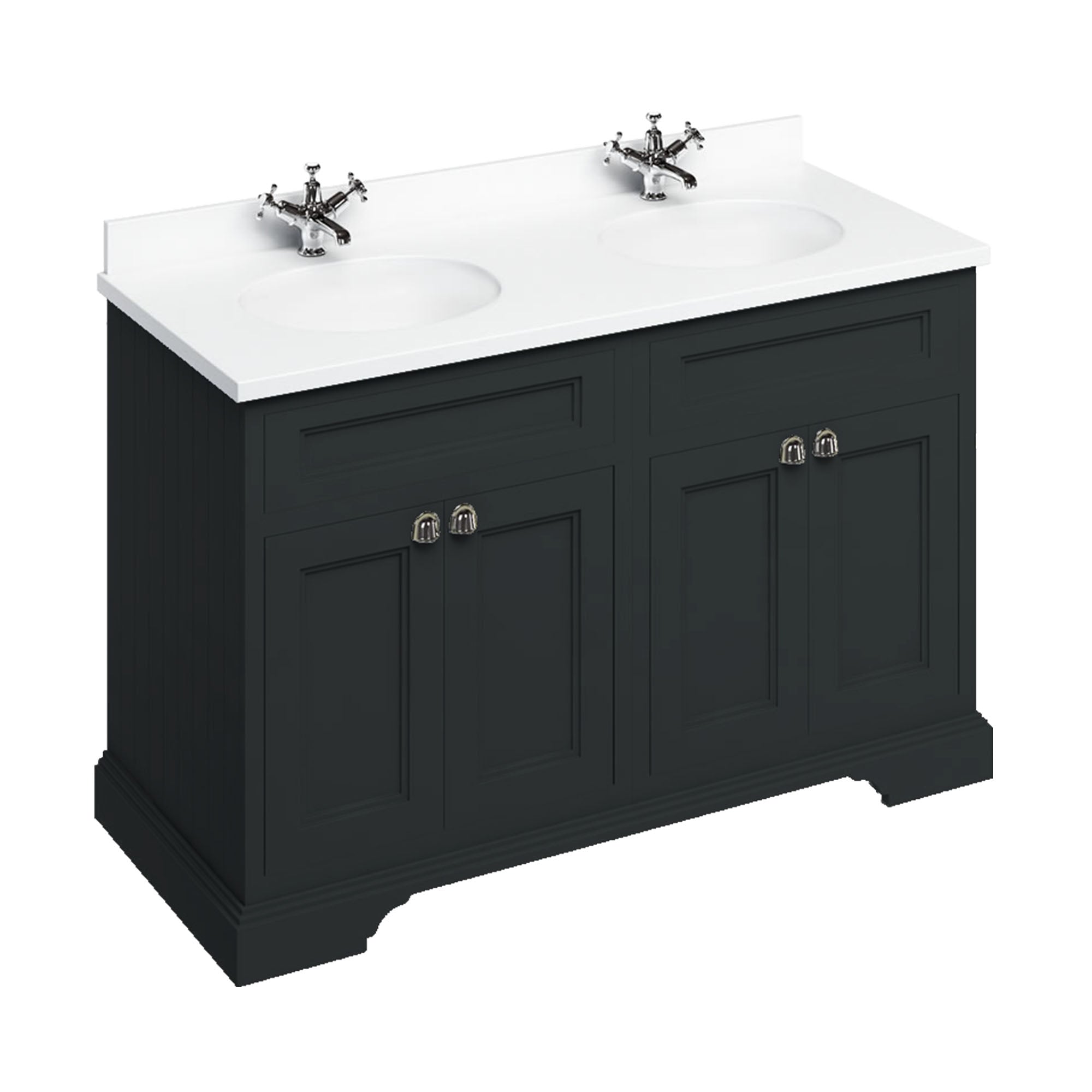 burlington 1300 freestanding 4 door vanity unit with white marble worktop and double bowl matt black