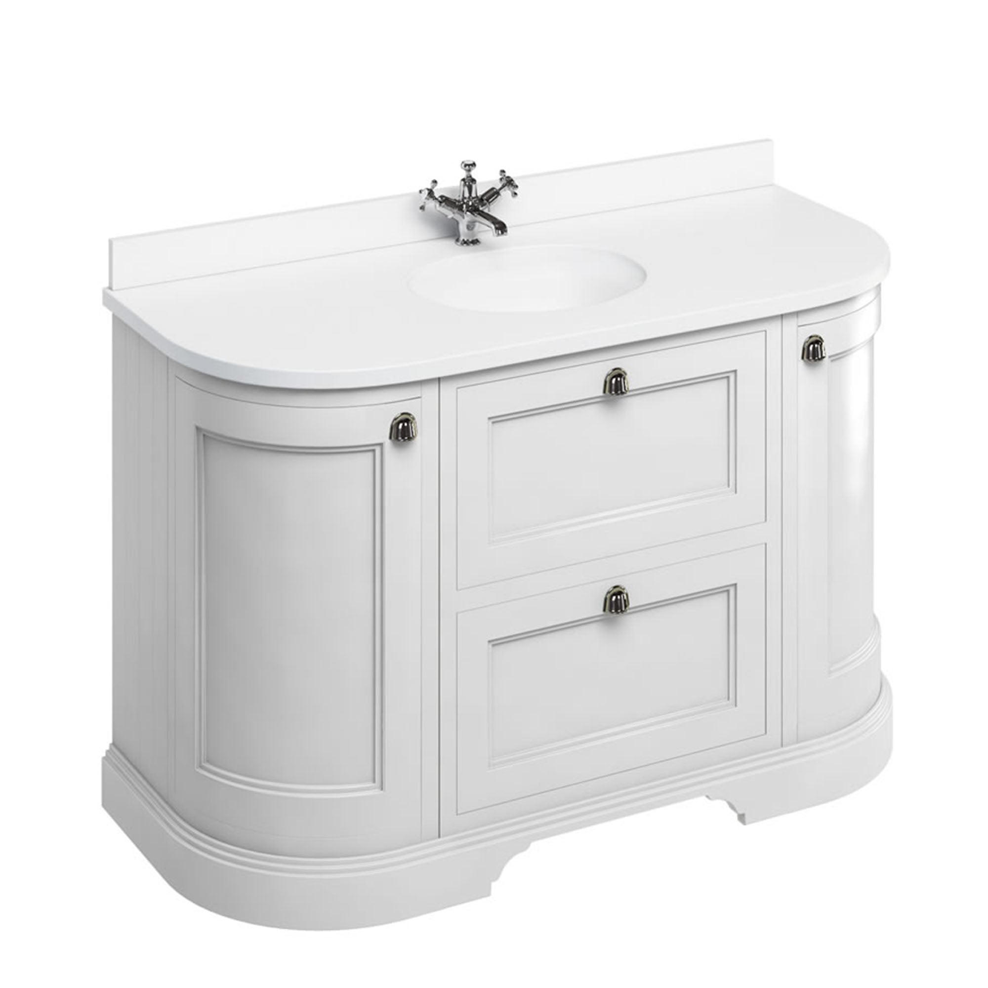 burlington 1340 freestanding 2 drawer curved vanity unit with white worktop and basin matt white