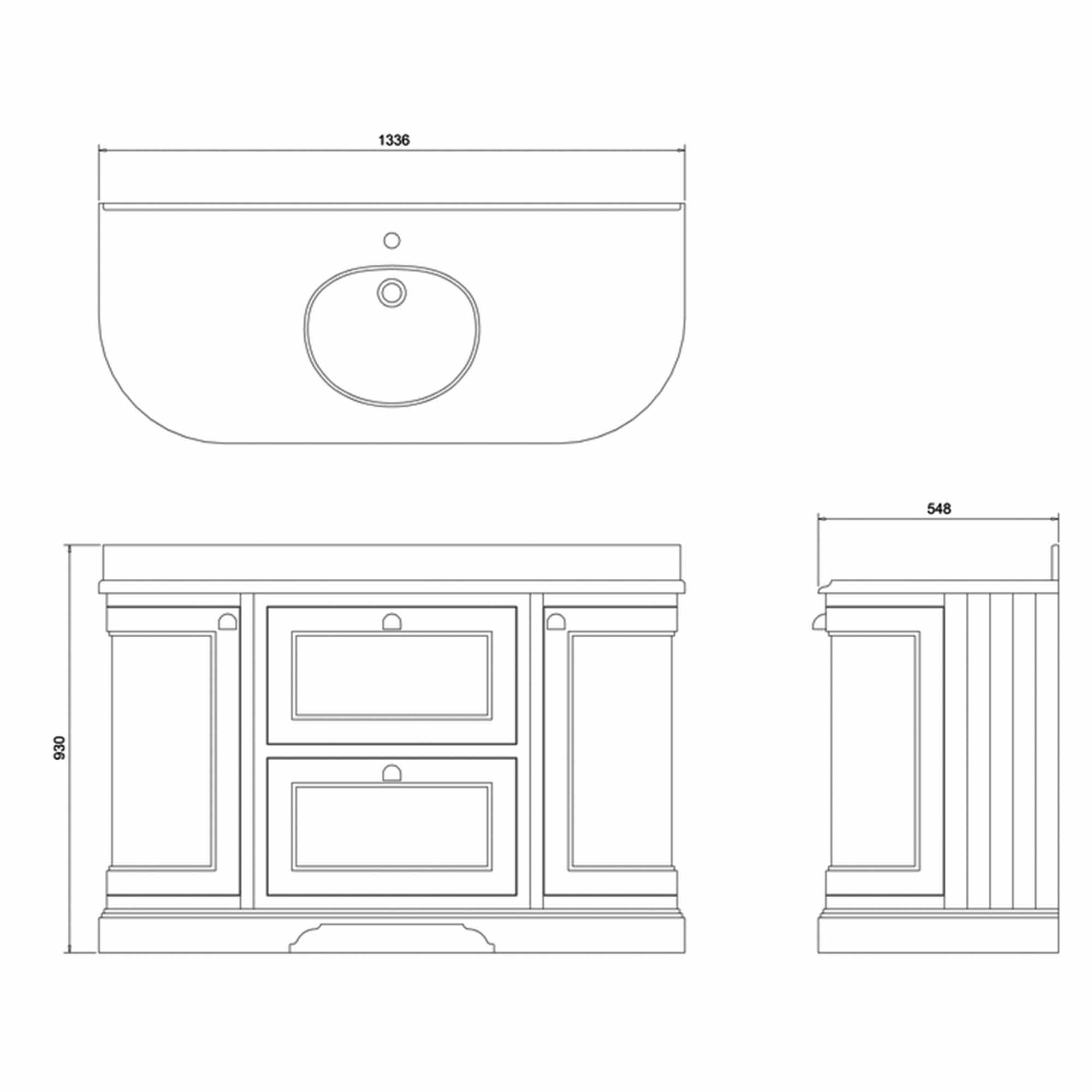 burlington 1340 freestanding 2 drawer curved vanity unit worktop dimensions