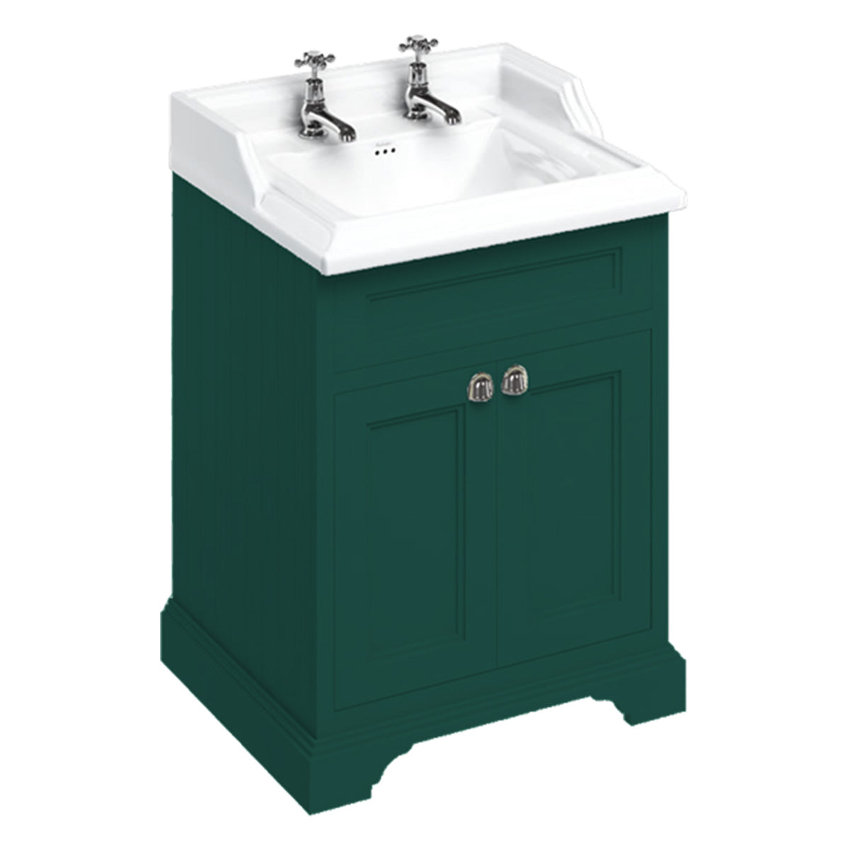 burlington 650 freestanding 2 door vanity unit with classic basin 3th matt green