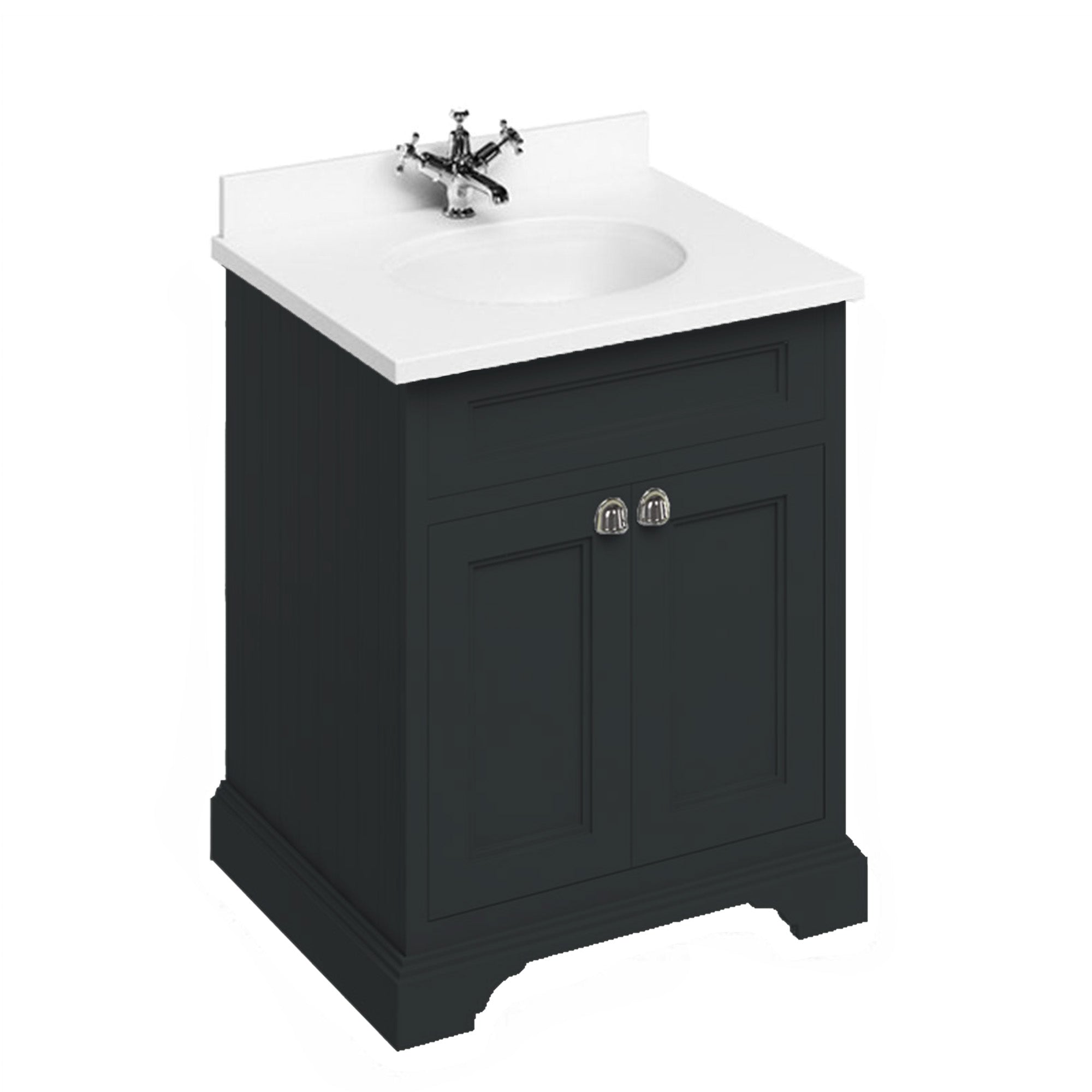 burlington 750 freestanding 2 door vanity unit with basin and white worktop matt black