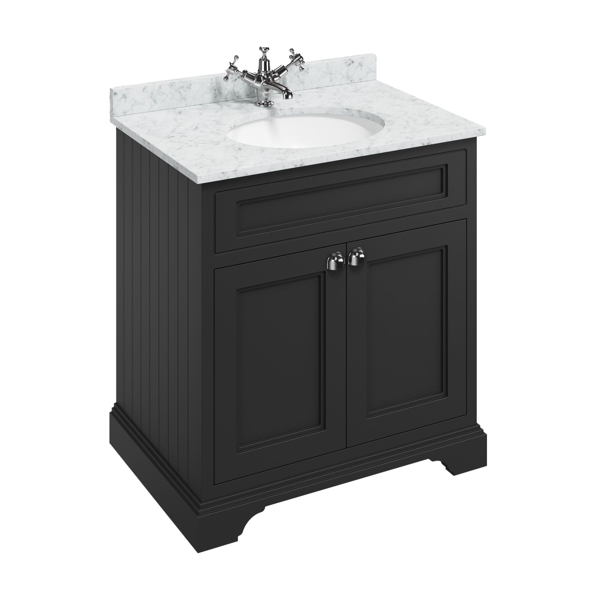 burlington 750 freestanding 2 door vanity unit with basin and carrara worktop matt black