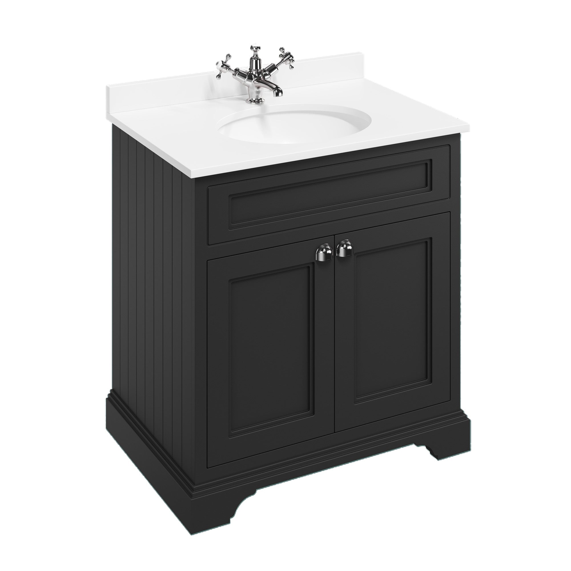 burlington 750 freestanding 2 door vanity unit with basin and white worktop matt black