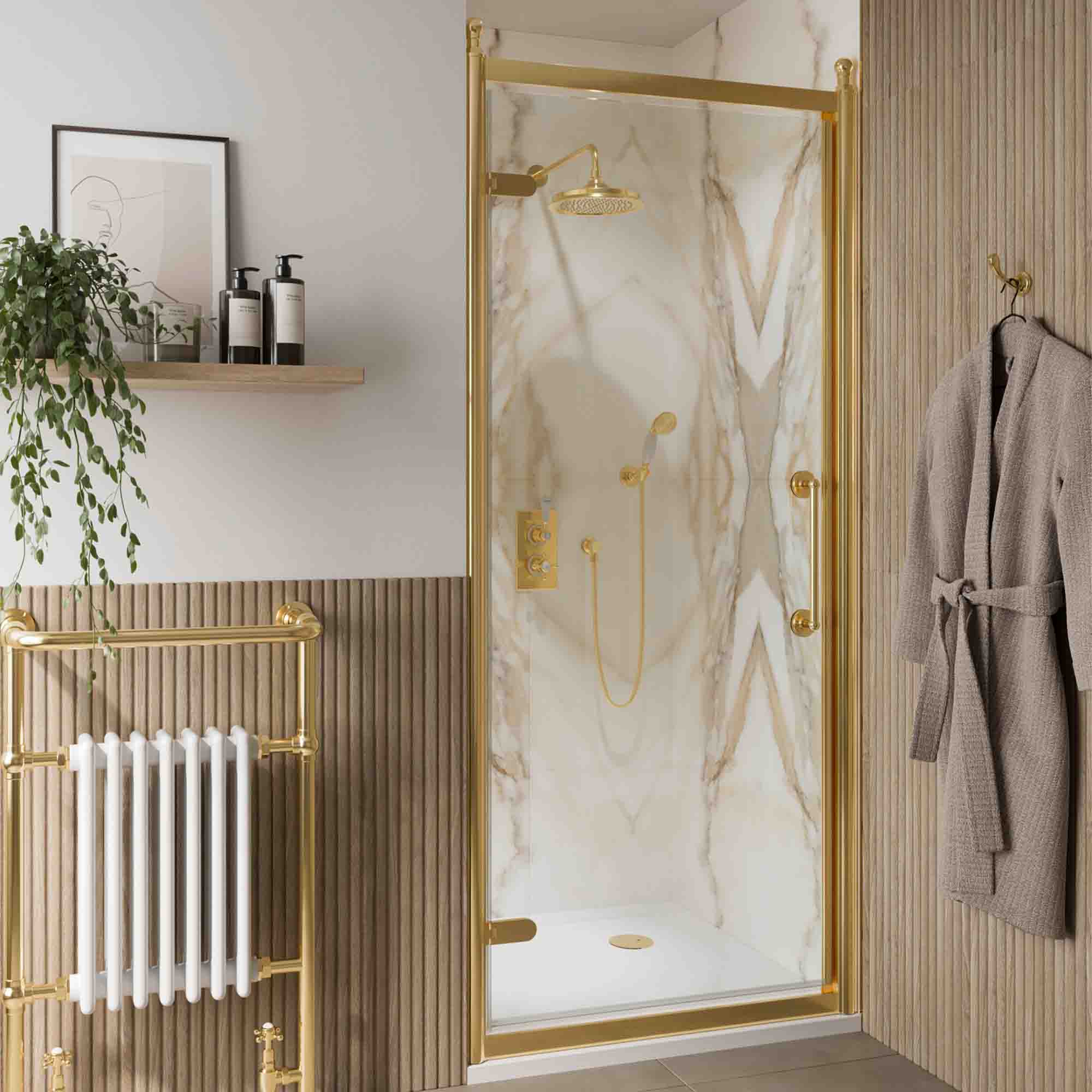 burlington classique hinged shower door in recess 1850 handle gold