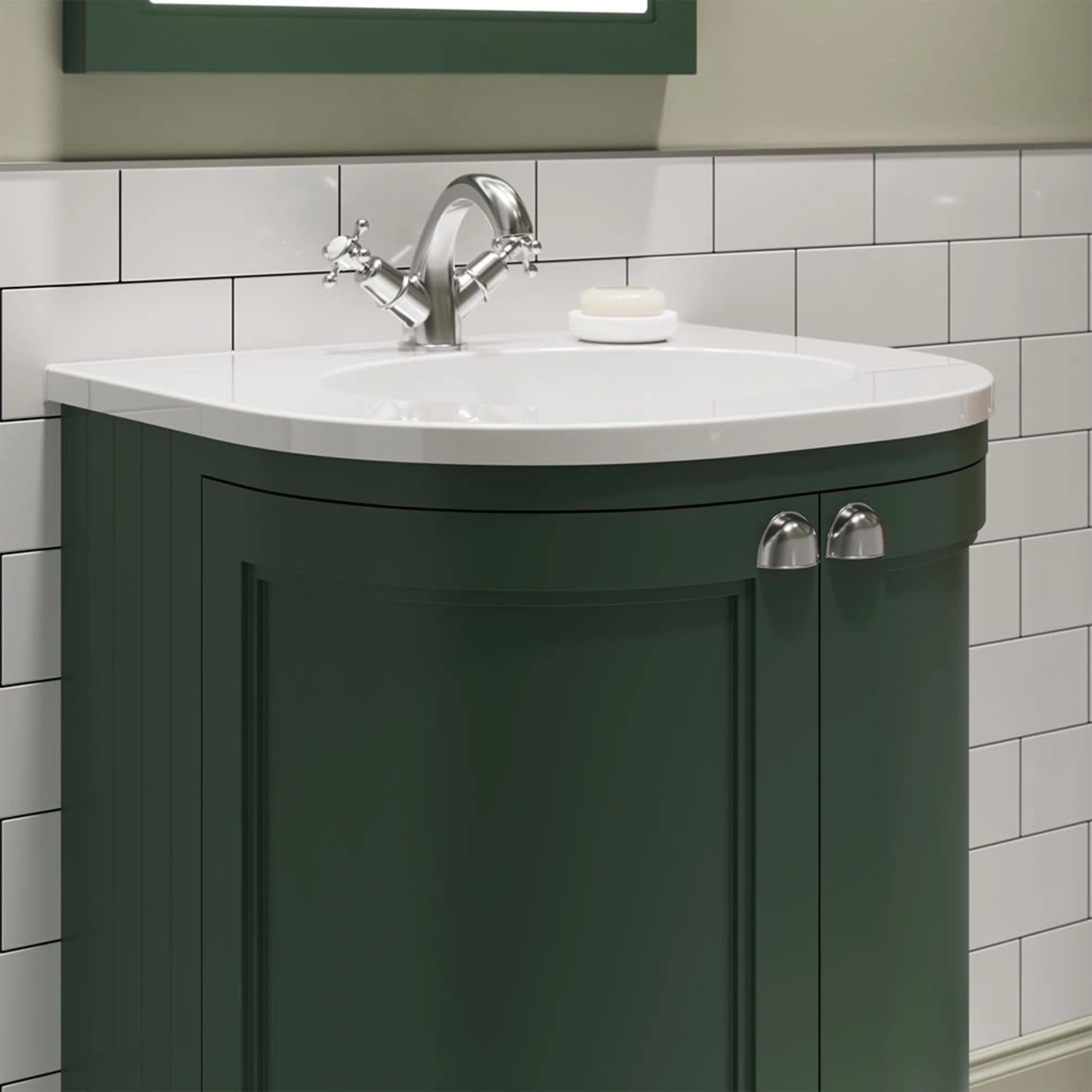 burlington freestanding 650 curved vanity unit with white worktop green