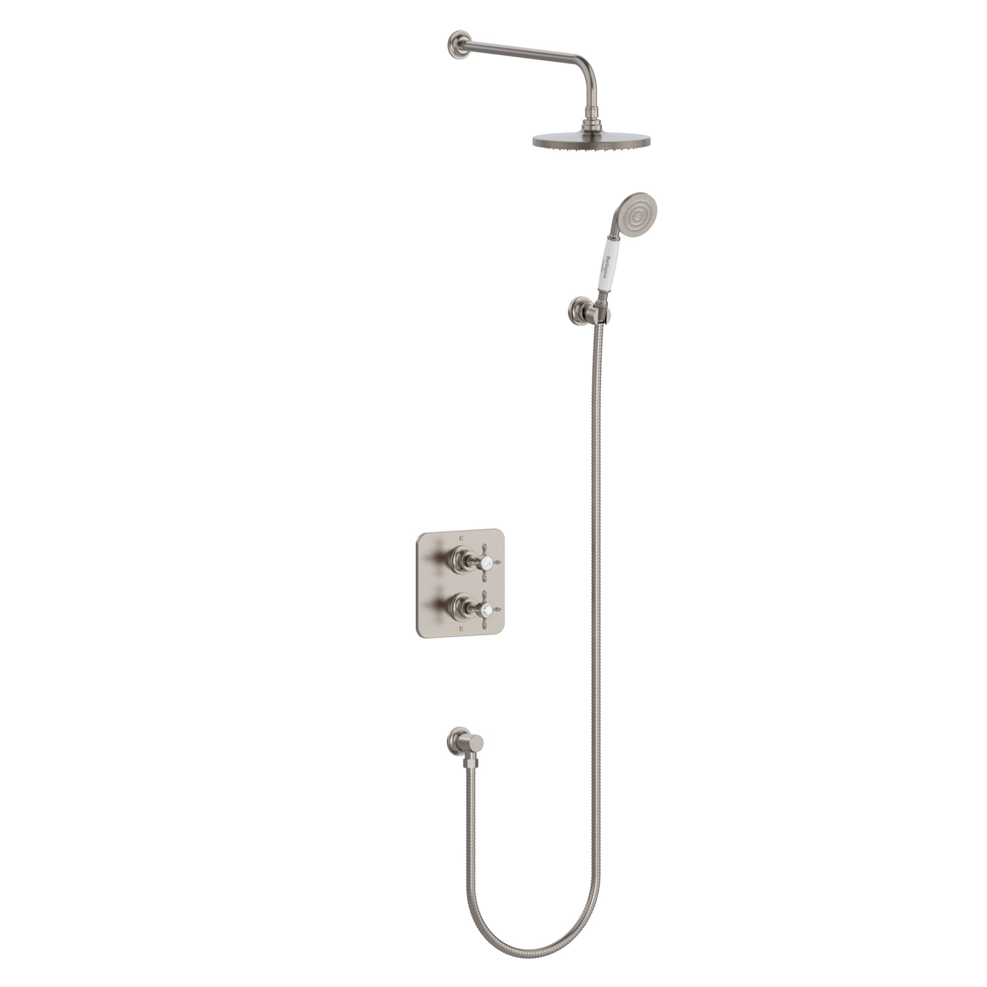 burlington guild thermostatic shower valve with fixed overhead and handset brushed nickel