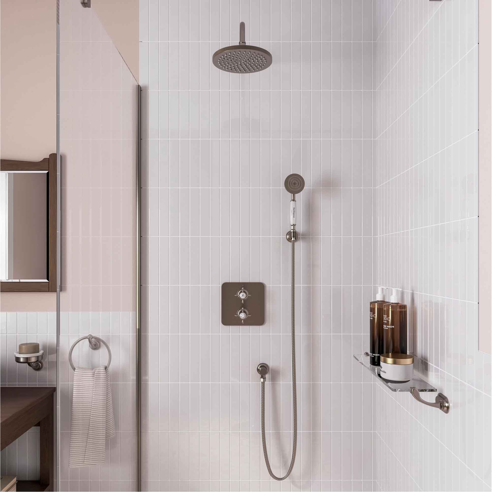 burlington guild thermostatic shower valve with fixed overhead and handset brushed nickel