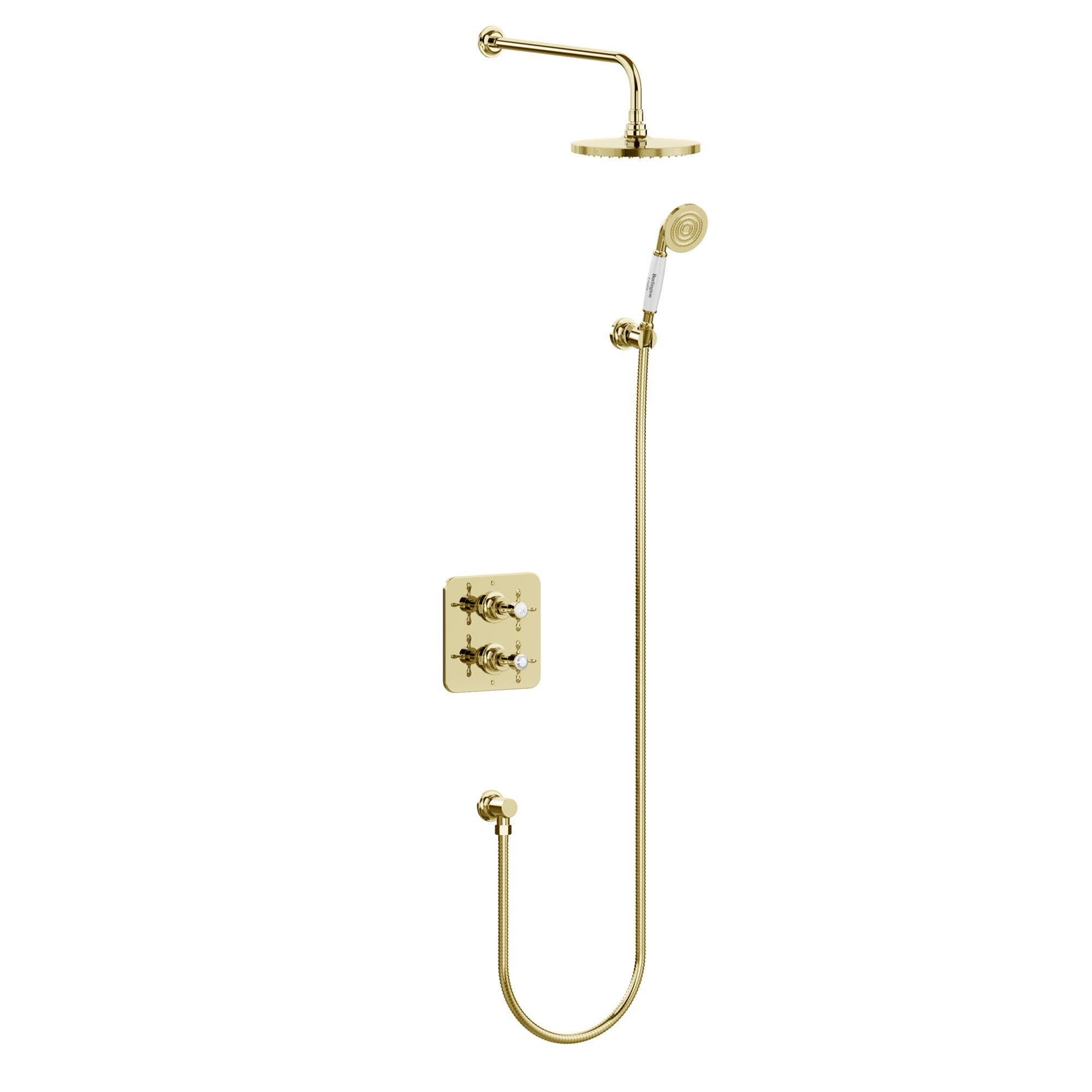 burlington guild thermostatic shower valve with fixed overhead and handset gold