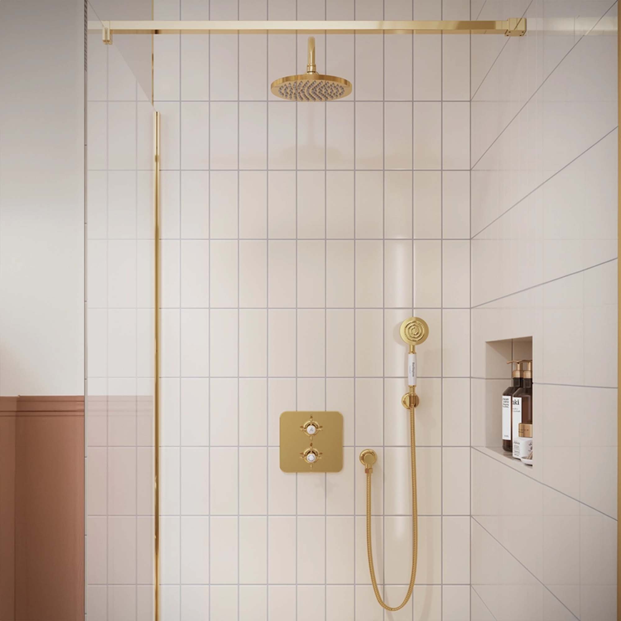 burlington guild thermostatic shower valve with fixed overhead and handset gold