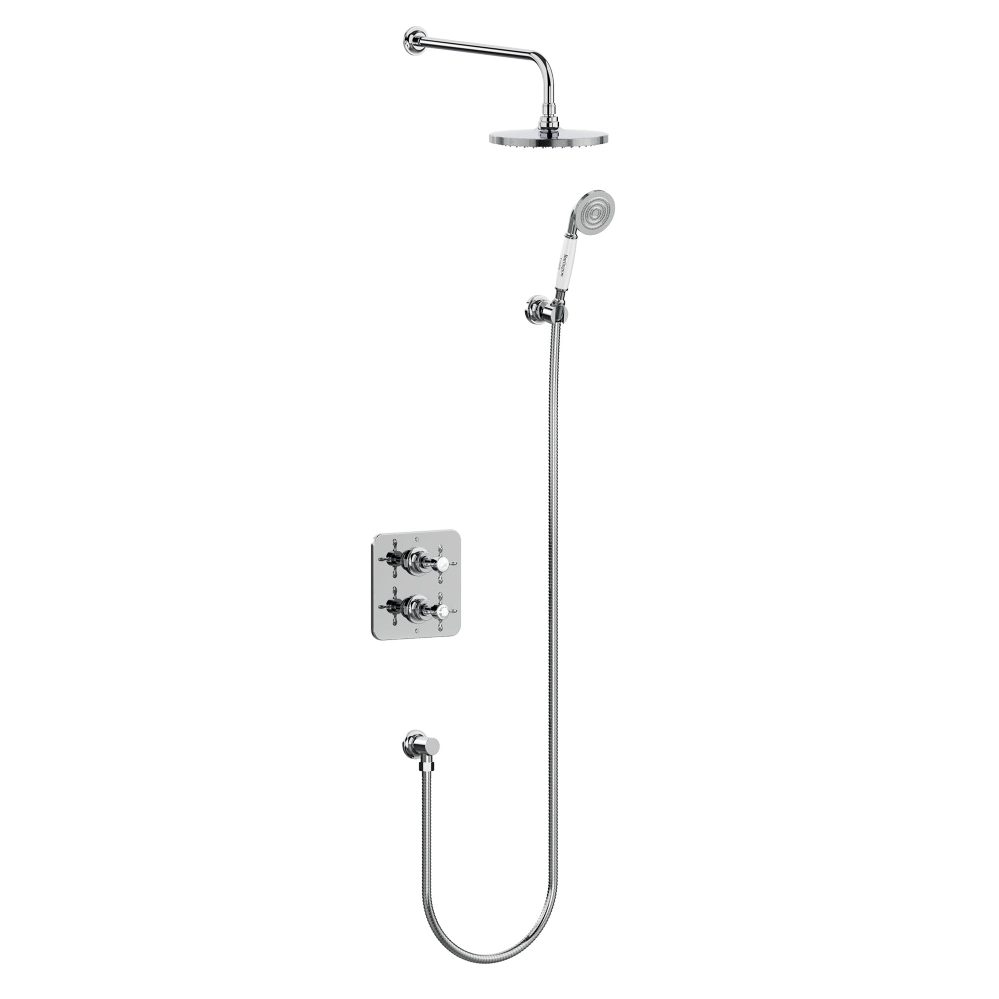 burlington guild thermostatic shower valve with fixed overhead and handset chrome