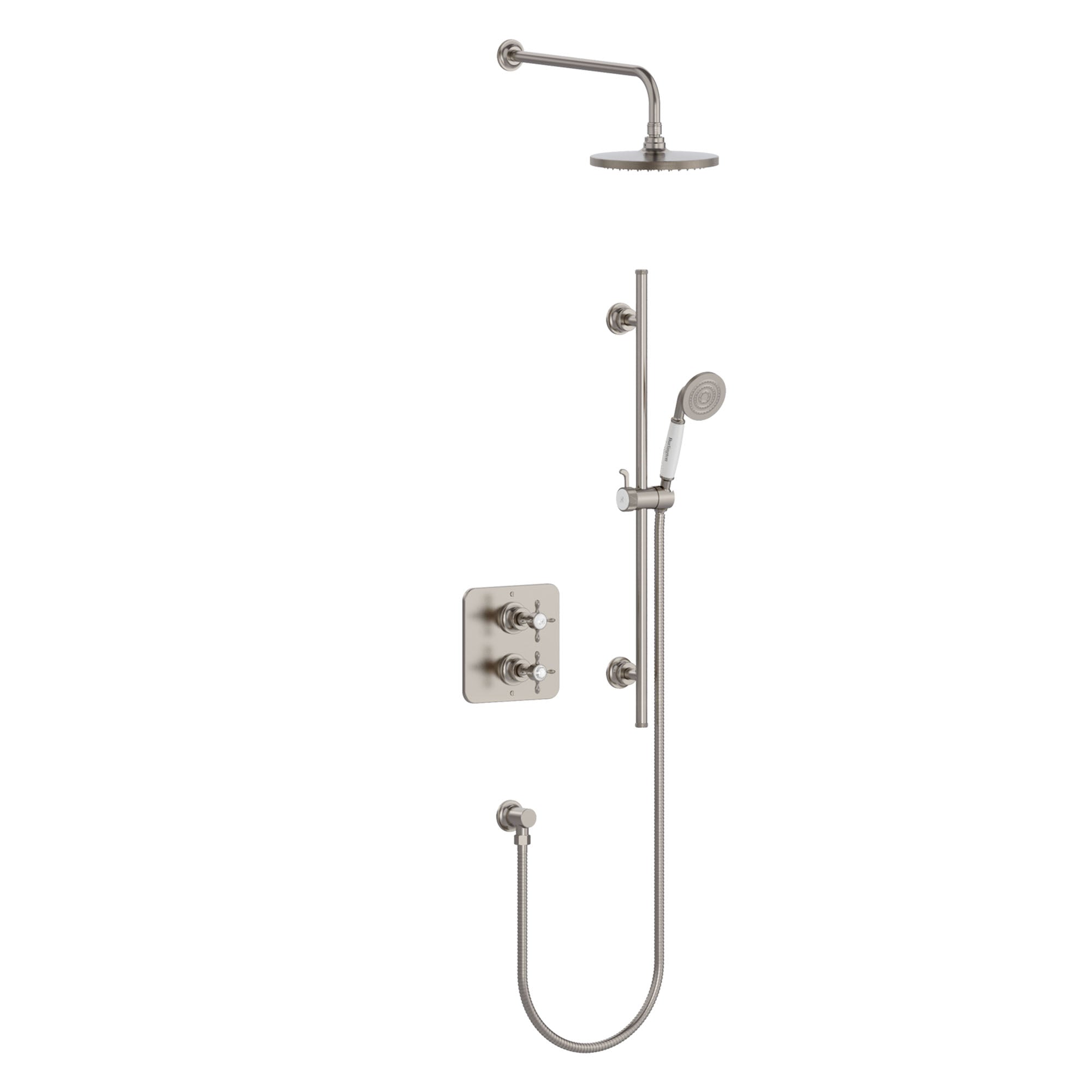 burlington guild thermostatic shower-valve with slide rail handset and overhead brushed nickel